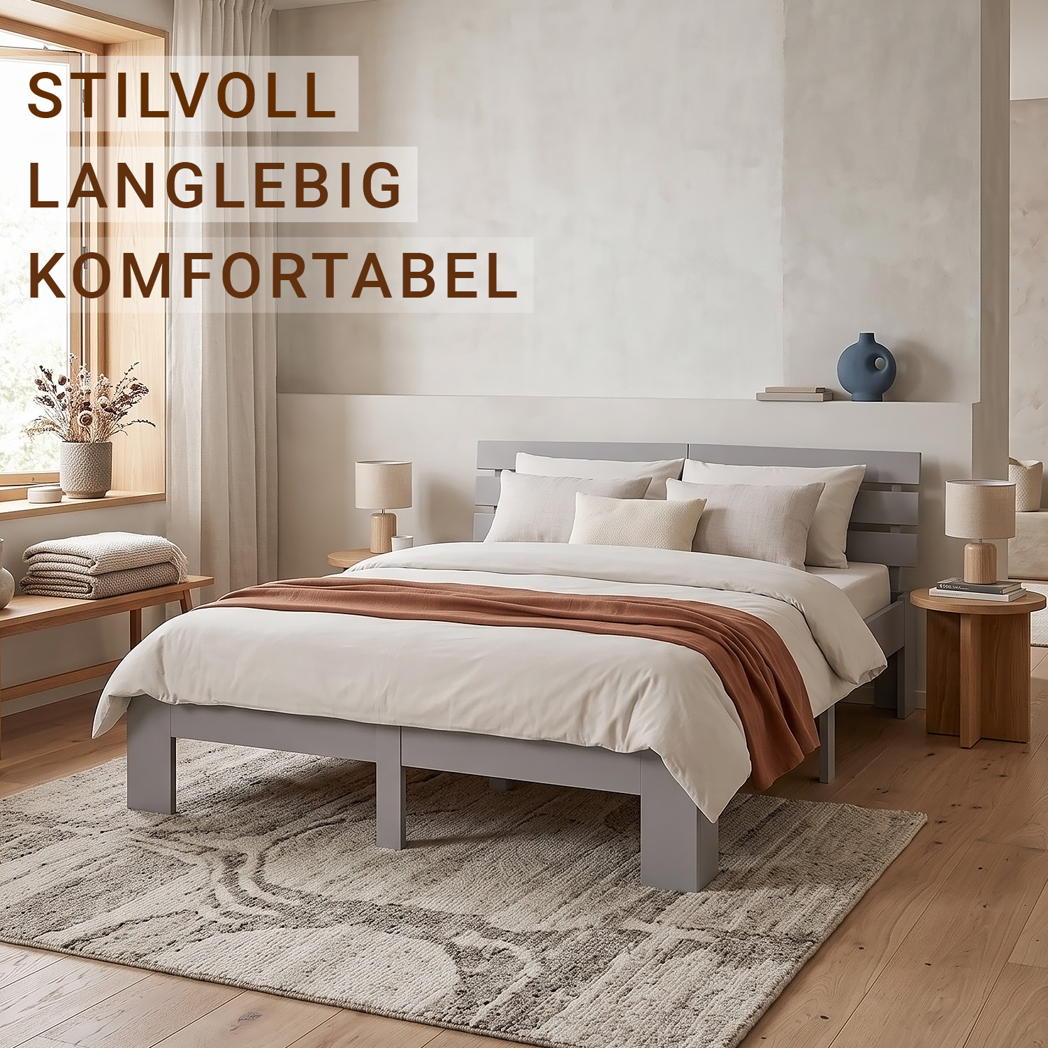 Wood Bed 160x200 cm Grey | Double Bed | with 2 Mattress | Solid | Kids Youth Guest Bedroom