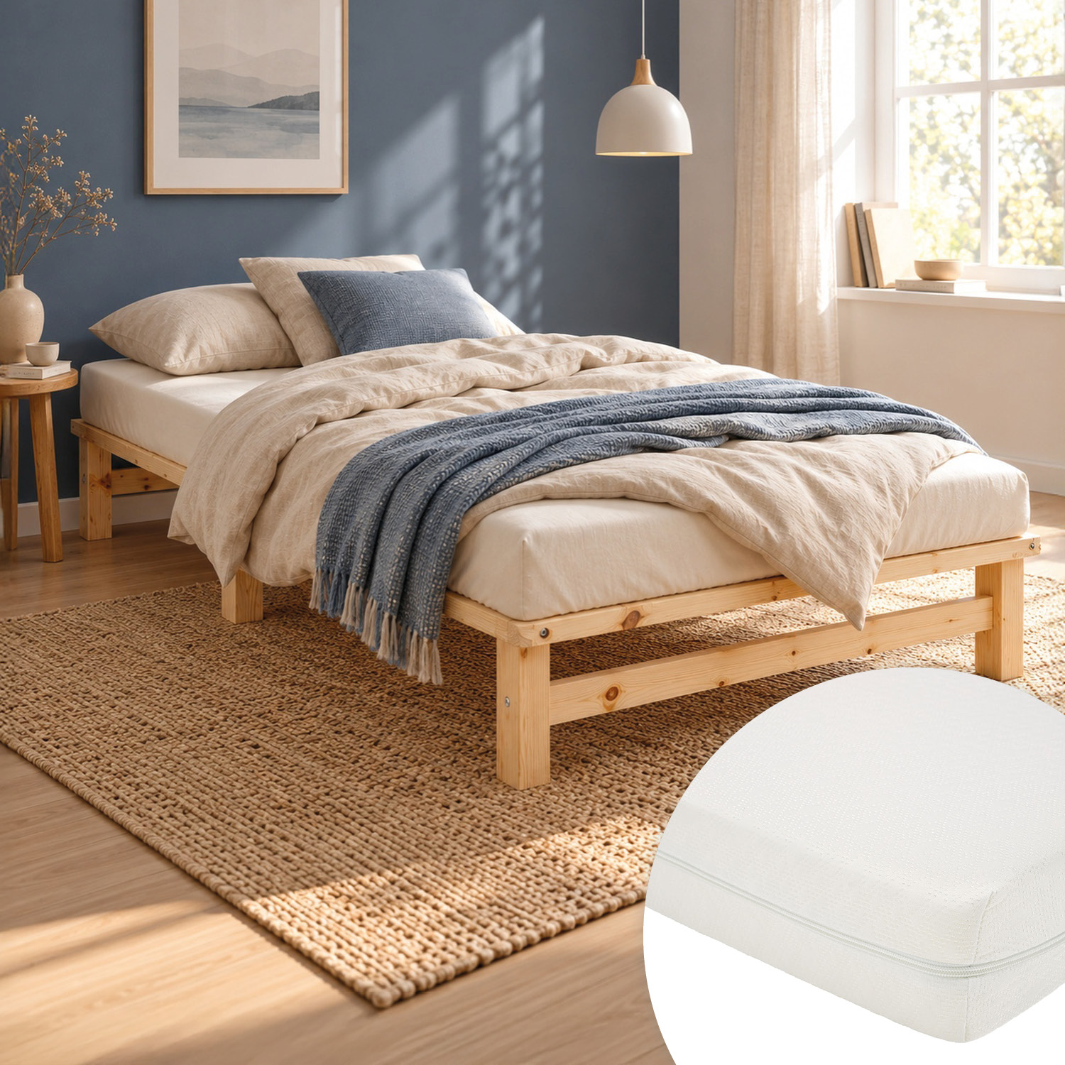 100x200 cm Natural Pallet Bed – Wooden Single Bed with Mattress & Slatted Base for Teen Rooms, Guest Rooms, and Bedrooms