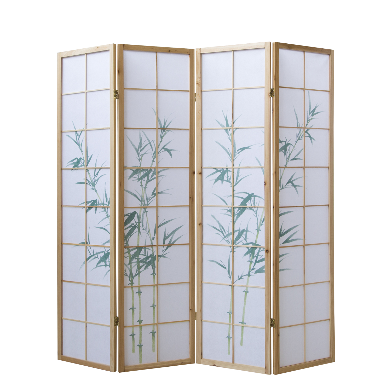 Paravent room divider 3, 4 or 5 parts, wood natural, rice paper white, bamboo pattern, height 175 cm