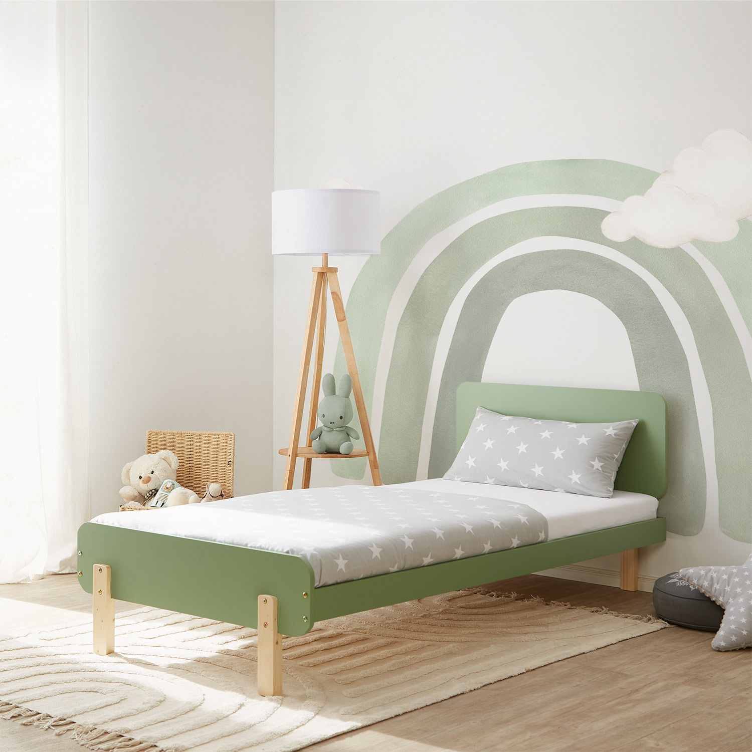 Wooden Bed 90x200 cm Natural Green – Retro Single Bed with Slatted Base for Children's, Teenagers' & Guest Rooms