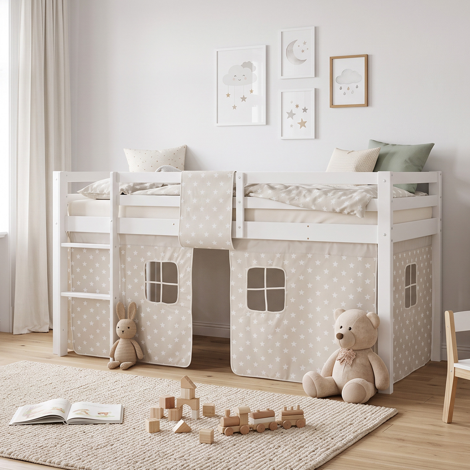 Children's Loft Bed 90x200 cm White with Star Curtain | Includes Slatted Base