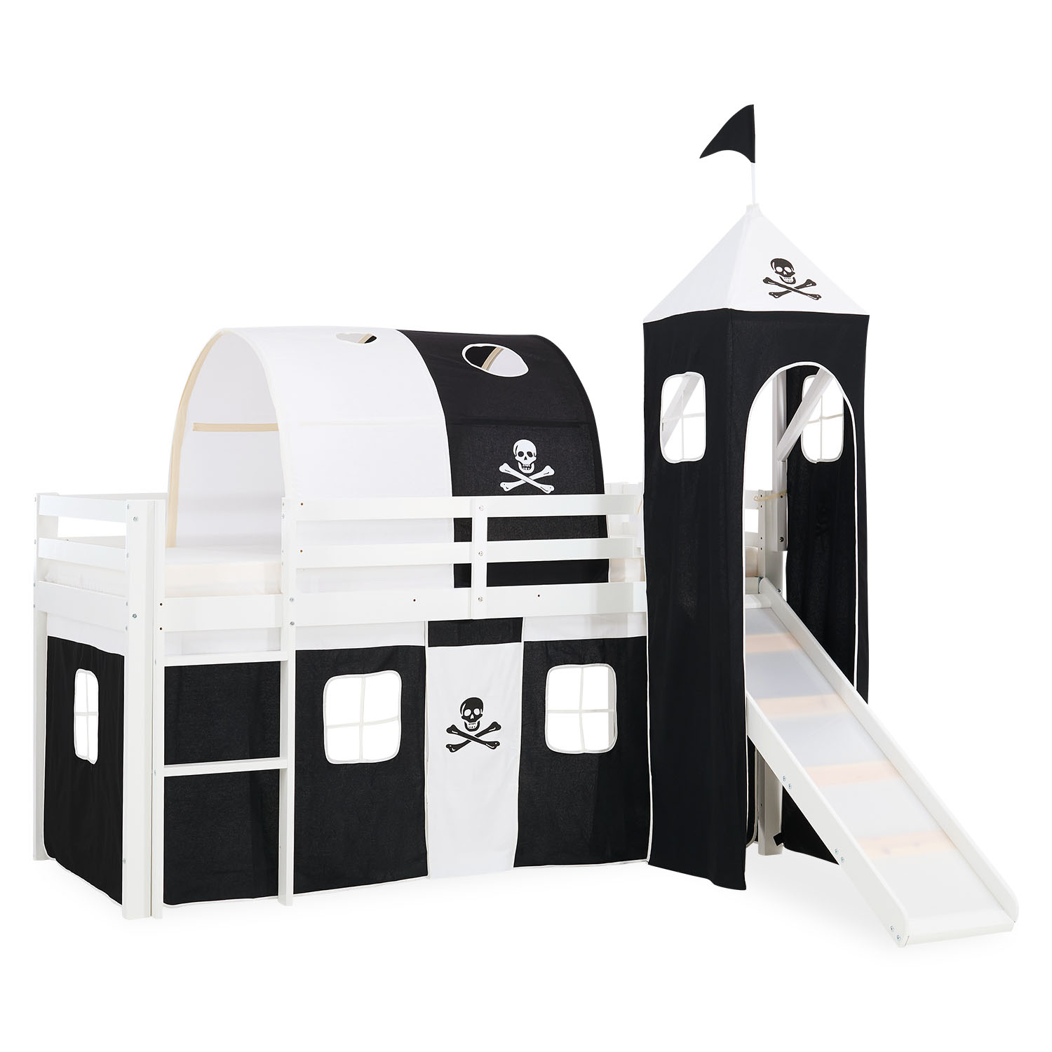Children's Loft Bed 90x200 cm, White with Black Curtain | Tunnel | Tower | Slide | Without Slatted Base