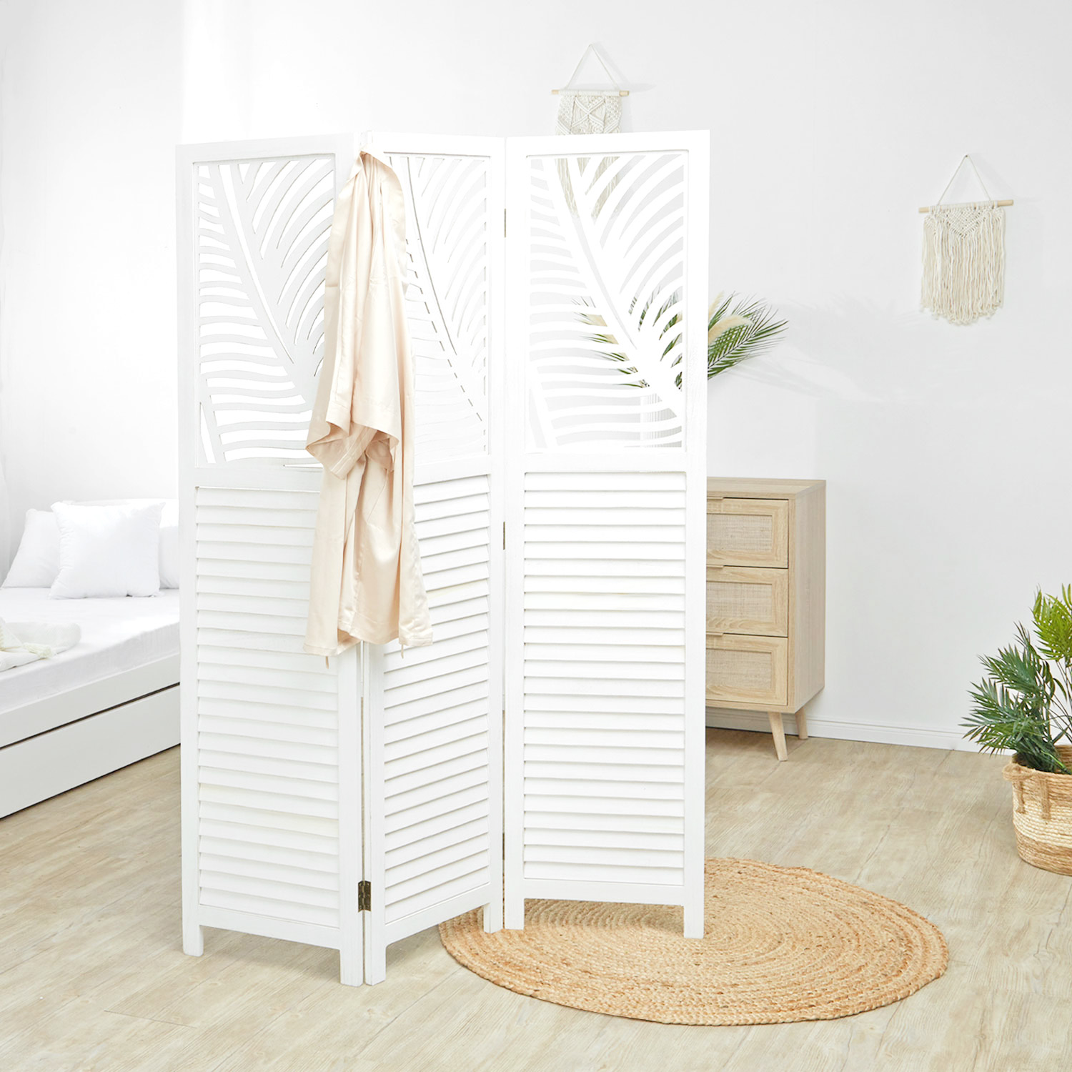 Paravent White Rattan-Style Decorations | 3-panel | Wood | Room Divider Partition Privacy Screen