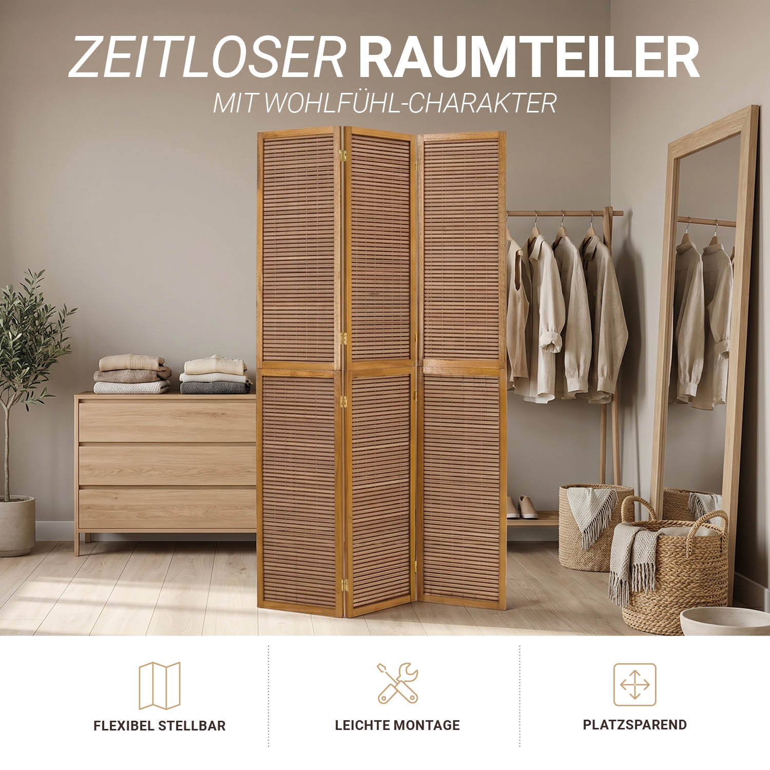 Brown Wooden Screen (3-panel) – Stylish Wooden Room Divider & Privacy Screen