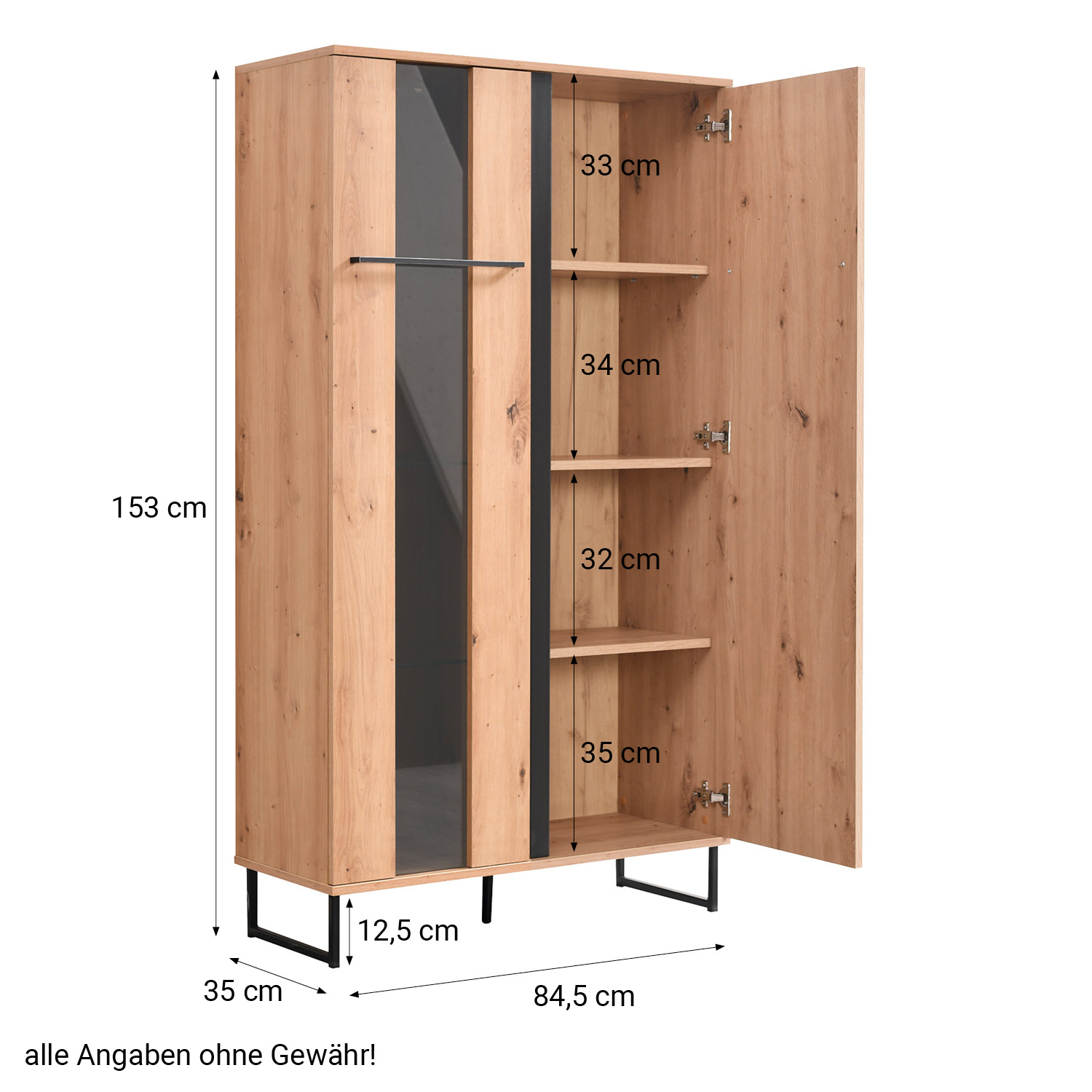 Highboard Vitrine Schrank mit Fächer Wohnzimmerschrank Holz Natur Kufenfüße Schwarz