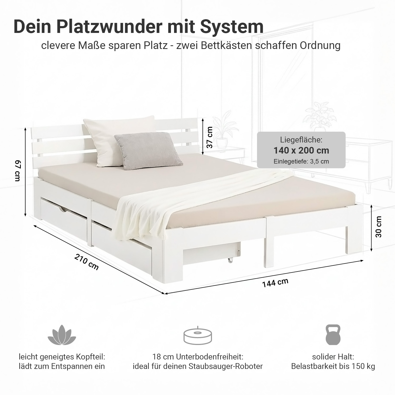 Wood Bed 140x200 cm White | Double Bed with Storage 2 Drawers | with Mattress | Solid | Kids Youth Guest Bedroom