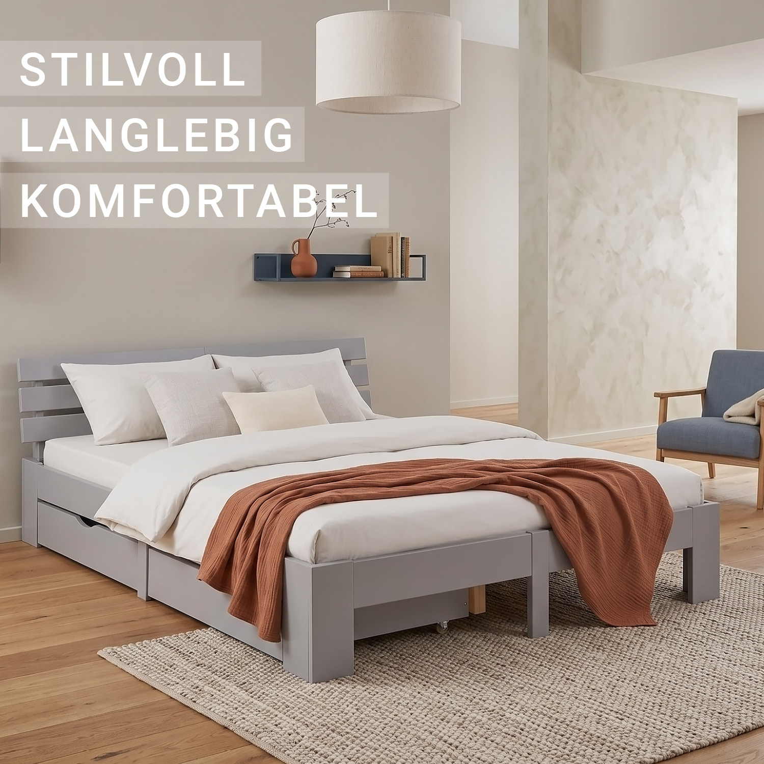 Wooden Bed 140x200 cm, Gray, with Storage Compartment & Slatted Base – Solid Wood Double Bed