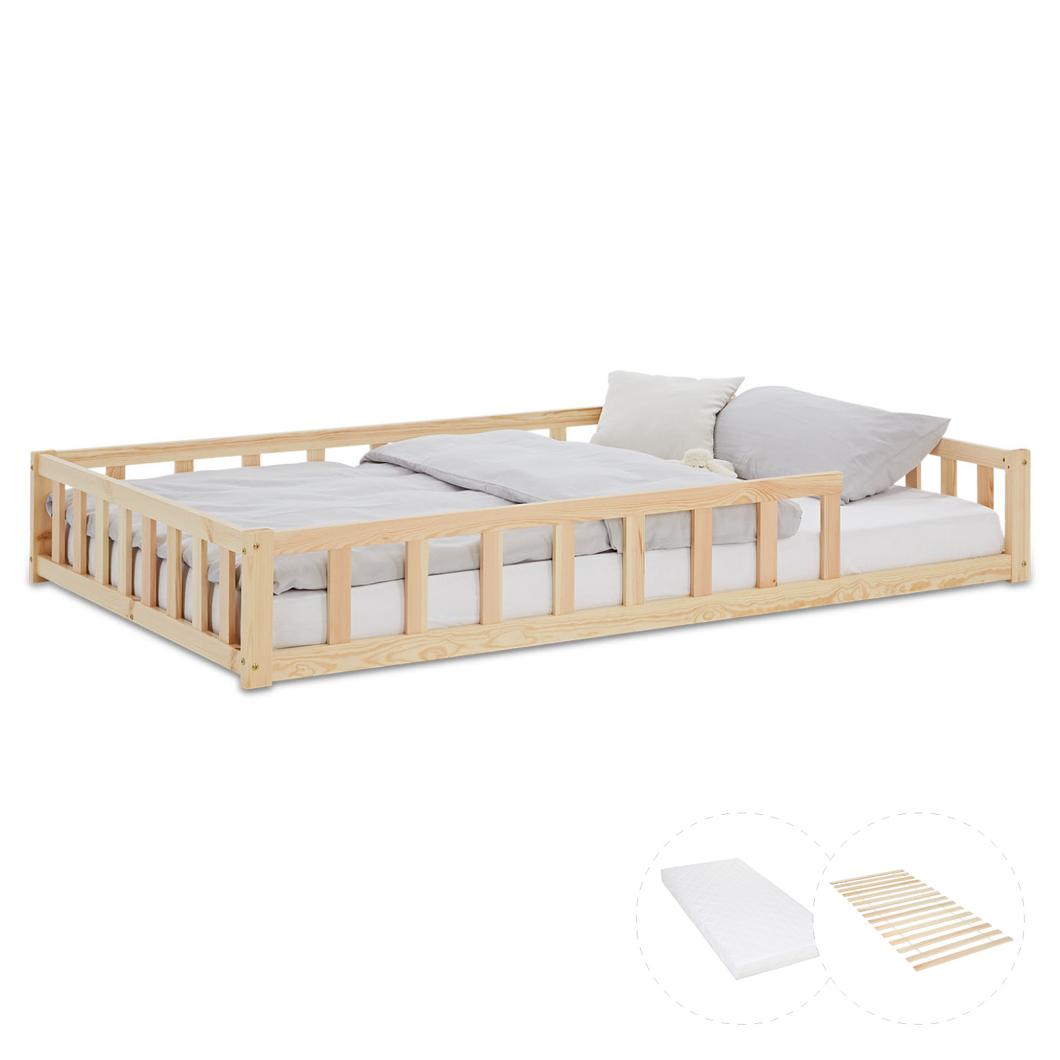 Children's Bed 120x200 Natural | Floor Bed with Mattress & Slatted Frame | with Fall Protection | Montessori