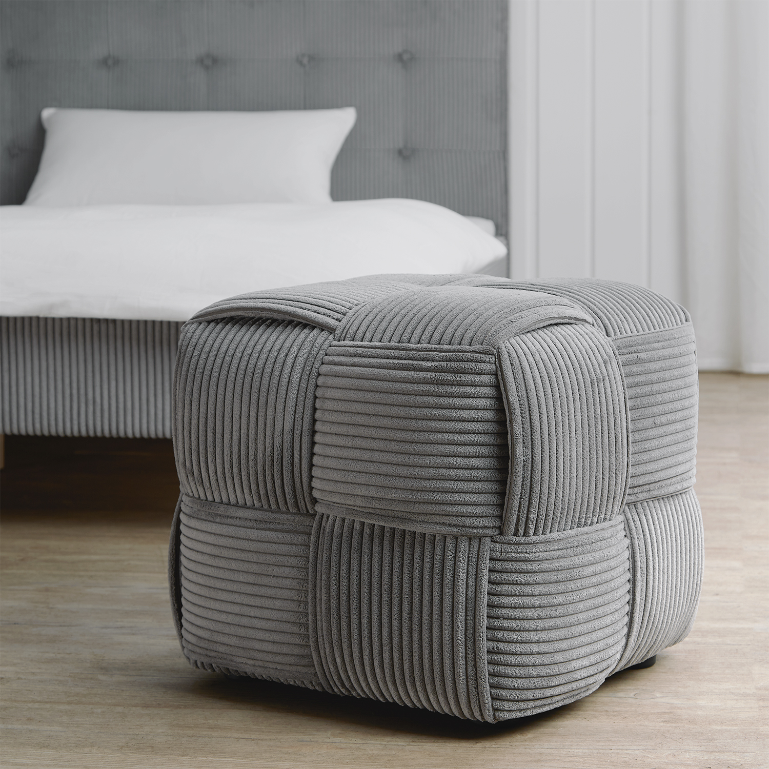 Footstool Pouffe Grey Cord Stool Small Footrest Upholstered Seater Cube Seat
