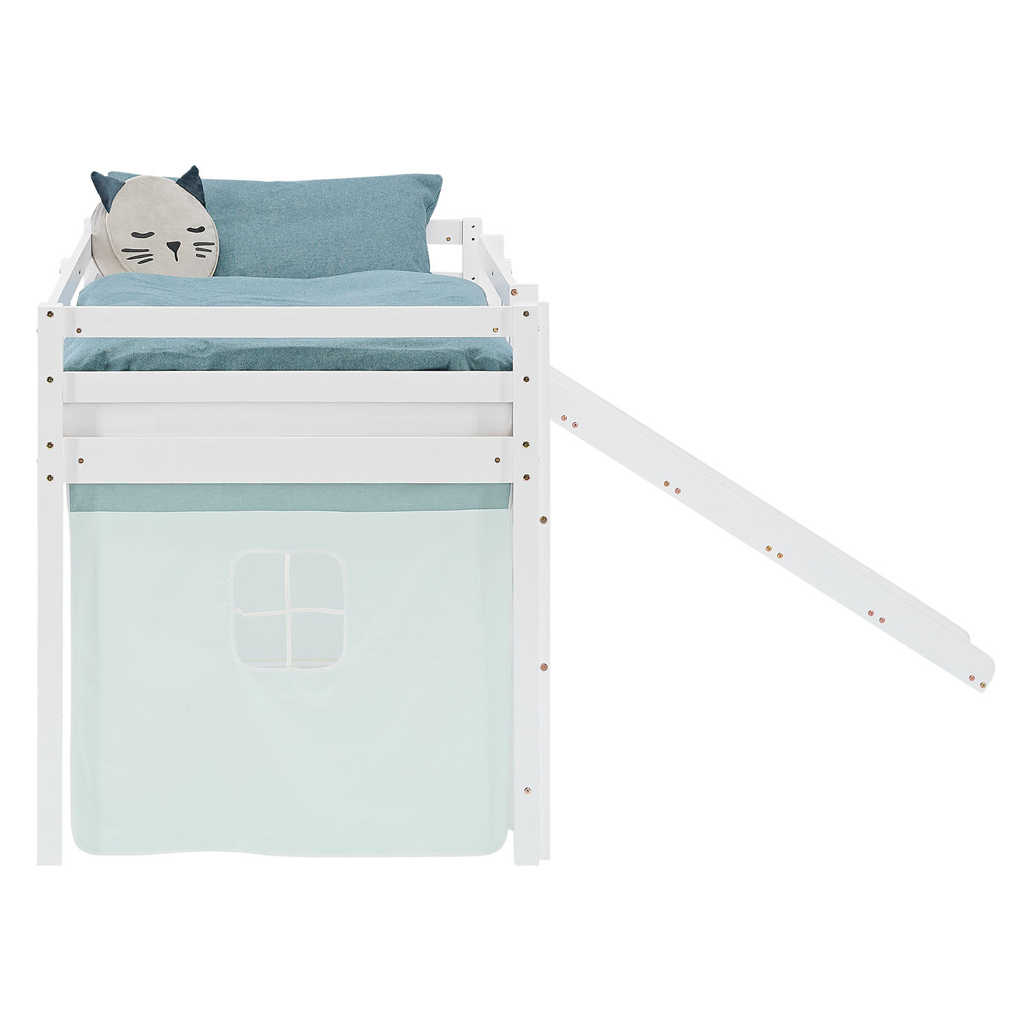 Loft Bed for Kids 90x200 cm White with Curtain in Mint Green | Slide | with Slatted Frame and Mattress