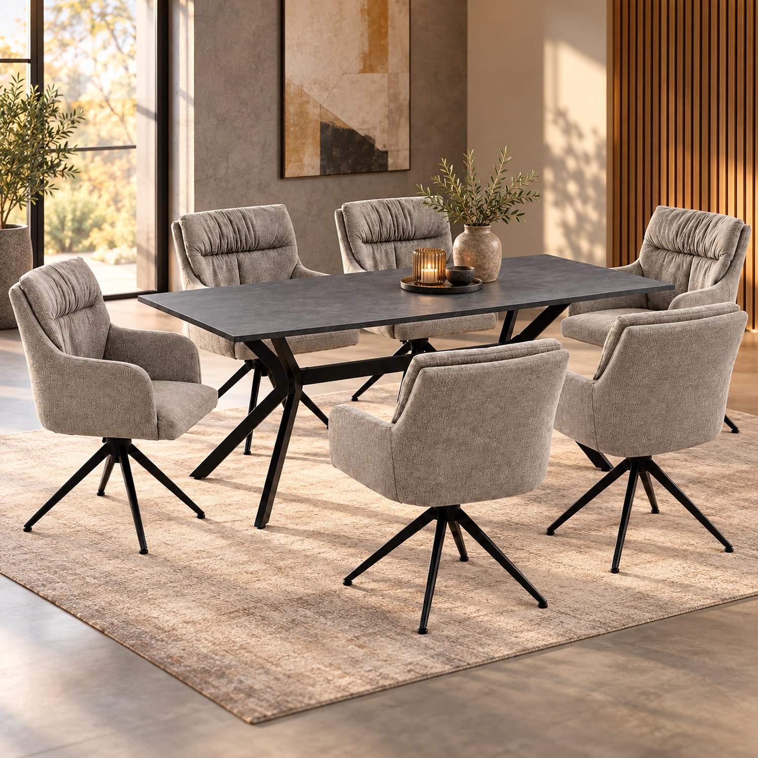 7-piece dining set: swivel upholstered chairs in gray with armrests & anthracite dining table (180 x 90 cm) with metal frame