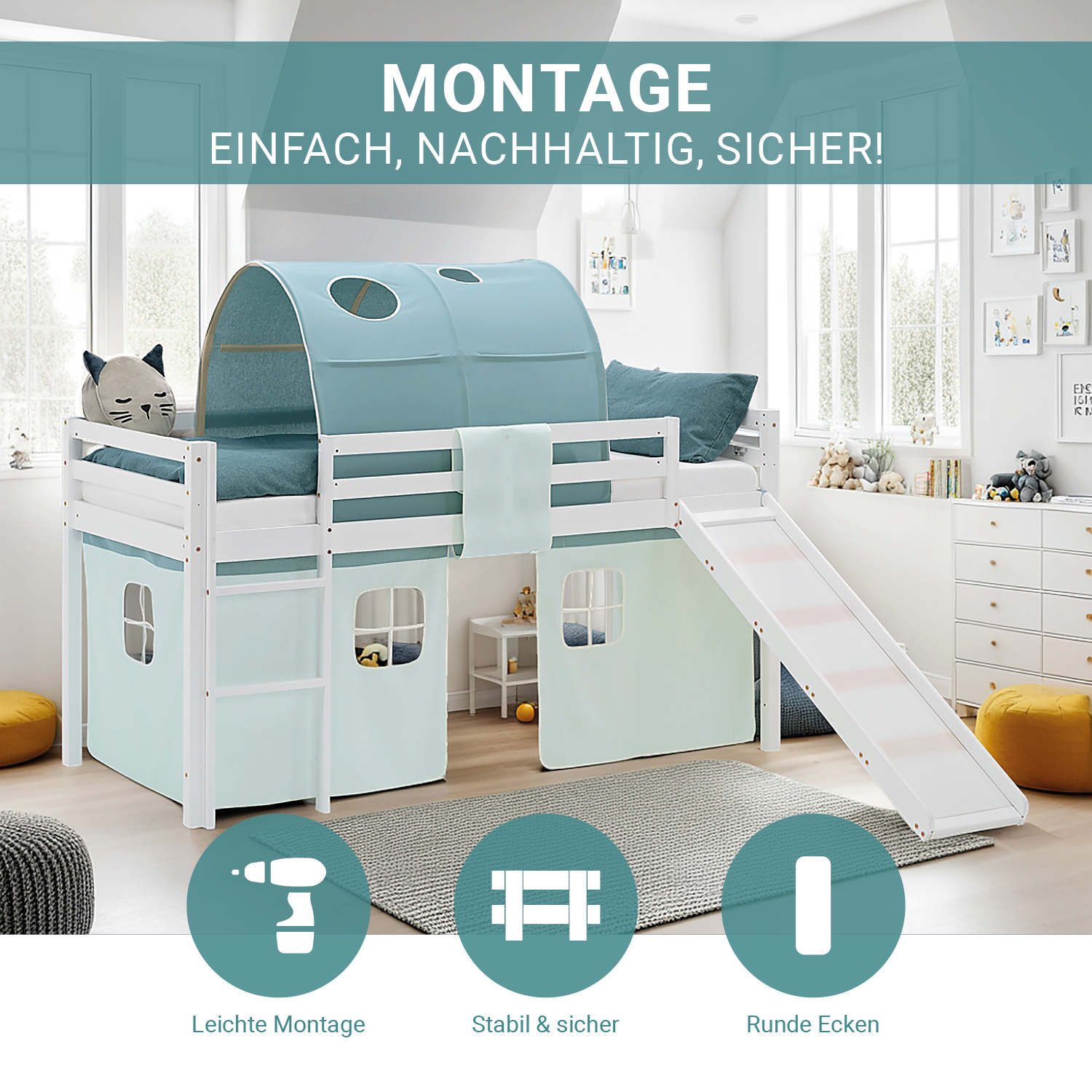 Loft Bed for Kids 90x200 cm White with Curtain & Tunnel in Mint Green | Slide | with Slatted Frame and Mattress