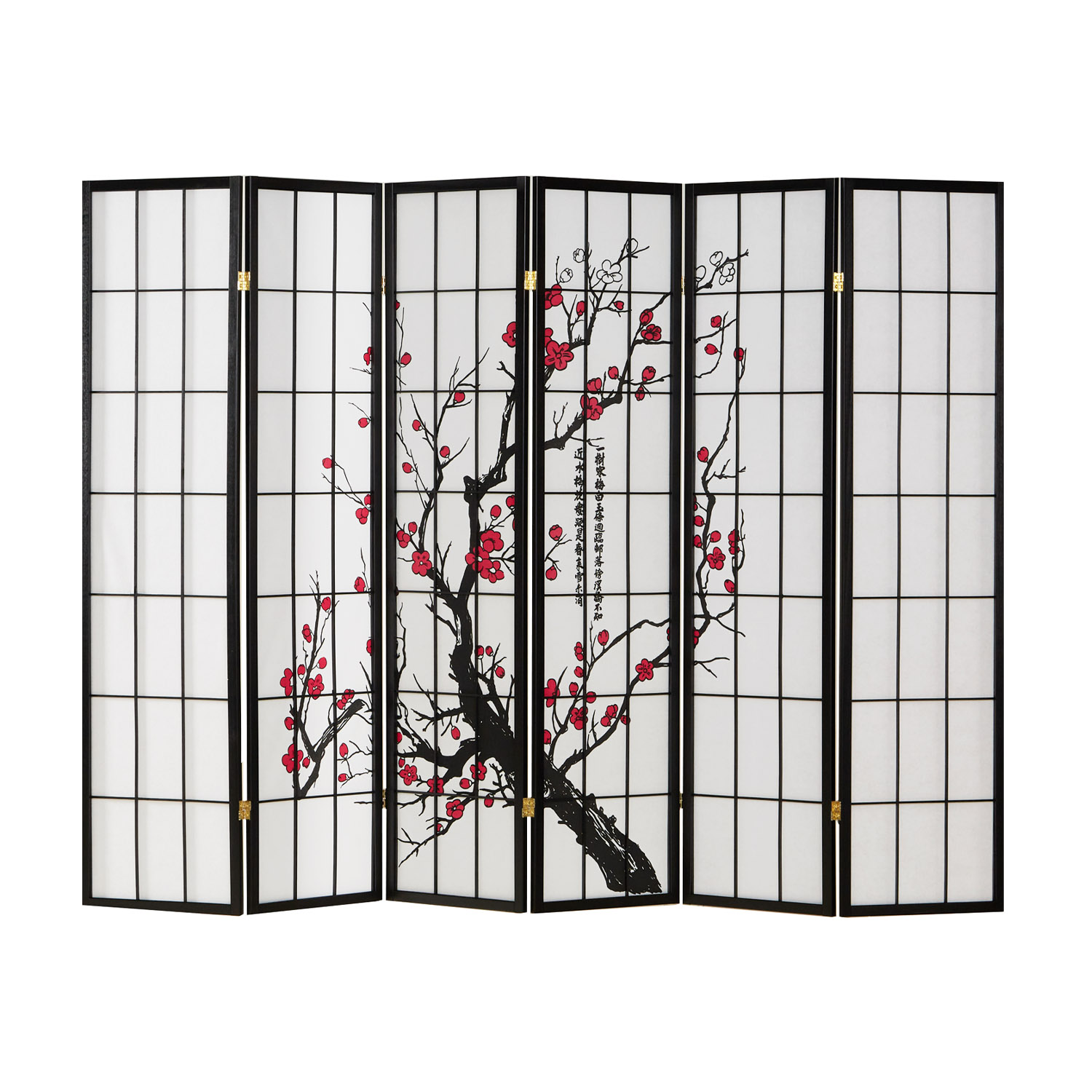 Screen room divider 6 parts wood black, rice paper white cherry pattern