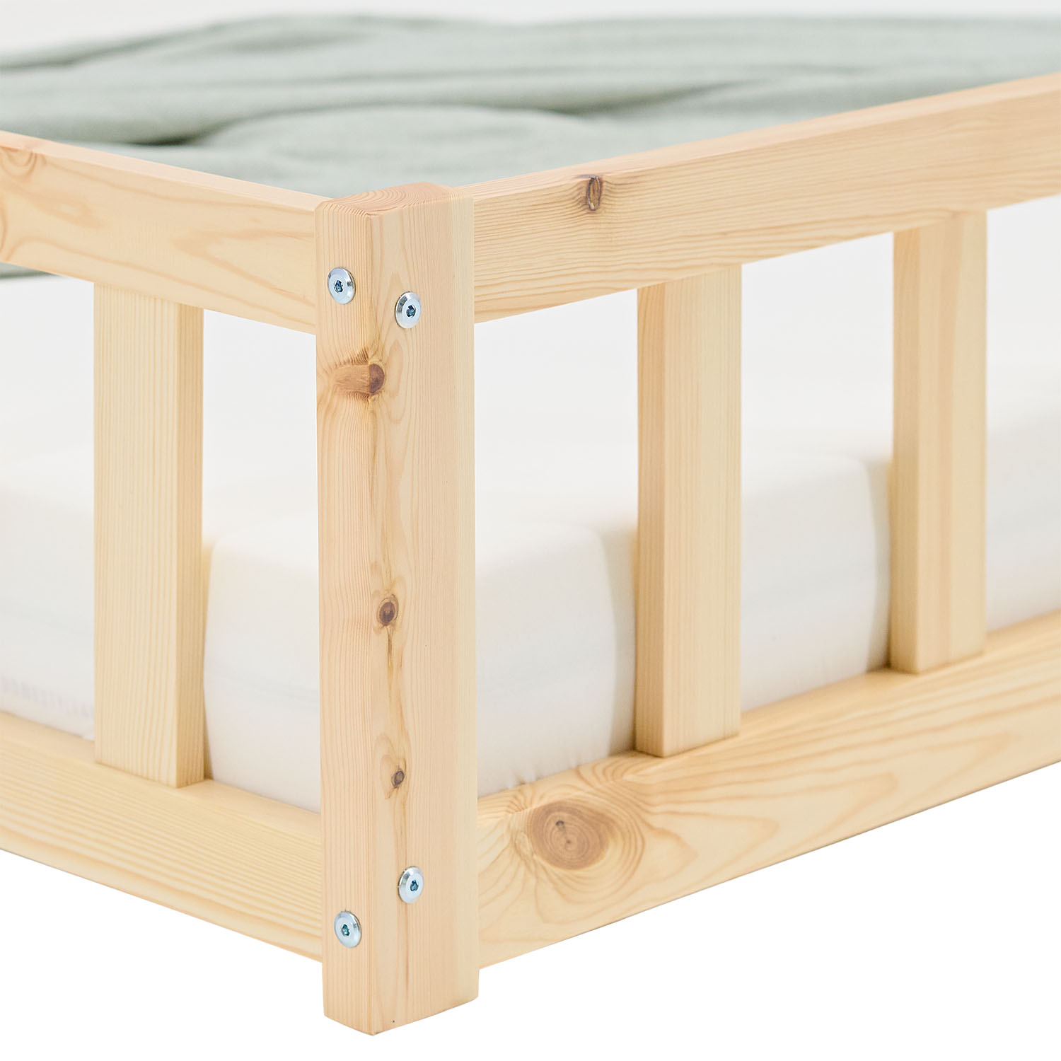 Montessori Crib 120x200 cm Natural, Includes Mattress & Slatted Base – Floor-Level Crib with Safety Rails Made of Solid Wood