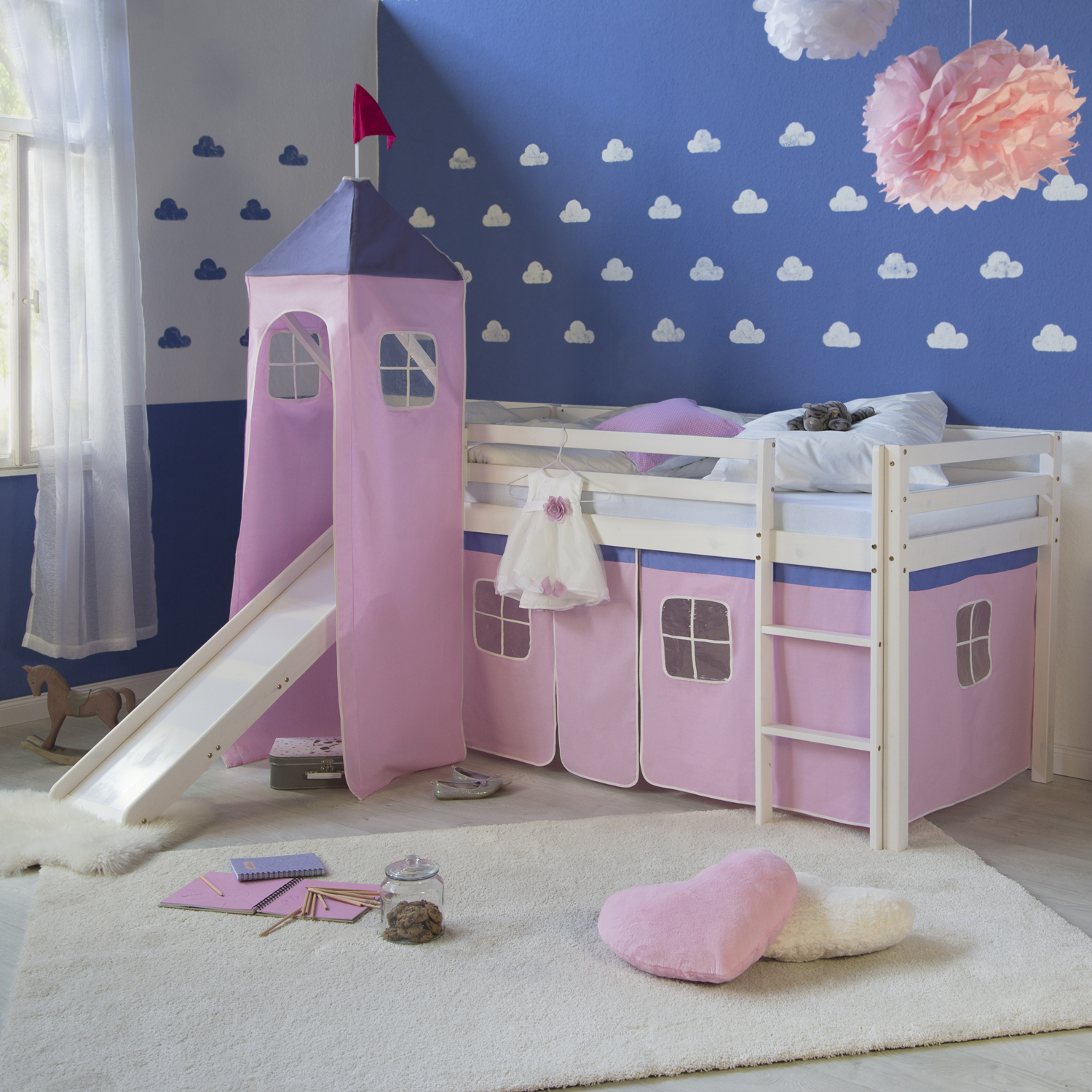 Loft Bed Kids 90x200 cm White with Curtain in Pink | Tower | Slide | with Slatted Frame
