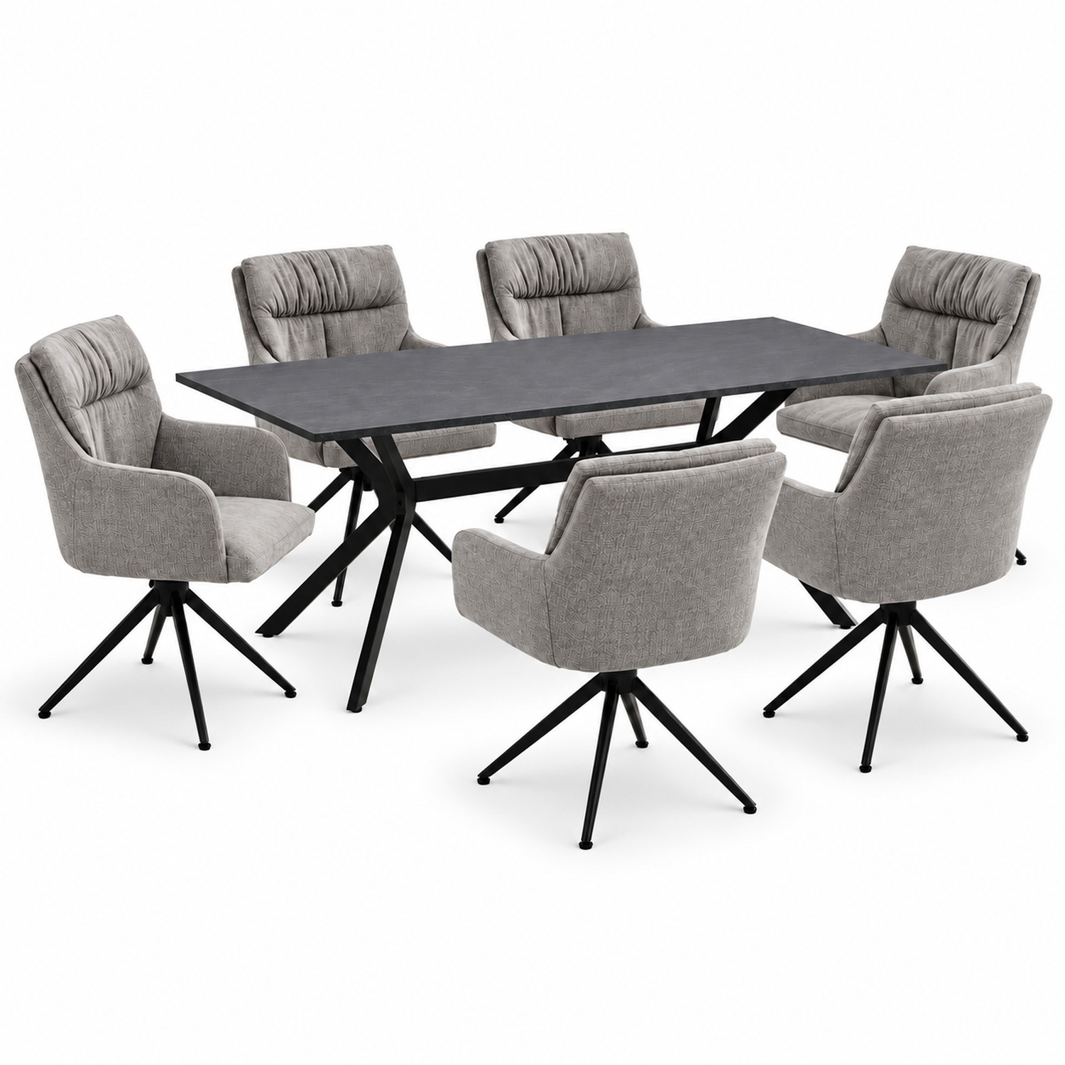 Esstisch mit 4 oder 6 Stühlen Set Essgruppe Polsterstühle Drehbar Grau Esszimmertisch 180x90 cm Metall Schiefer Anthrazit
