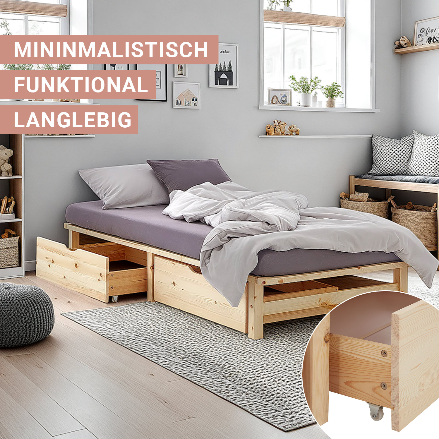 Pallet Bed 90x200 cm Natural | Single Bed with Storage Drawers | with Mattress | Wood | Kids Youth Guest Bedroom