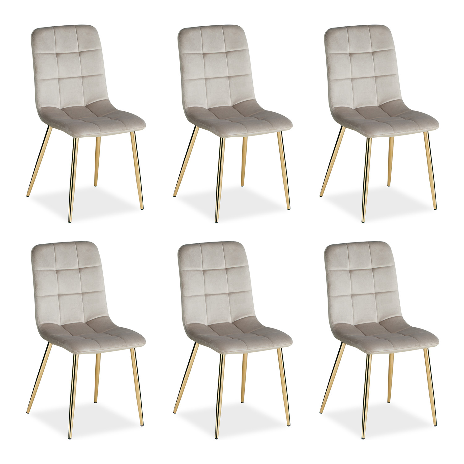 Polsterstuhl in Creme. Der Artikel ist freigestellt auf weißem Hintergrund abgebildet. Sichtbare Details sind ein gepolsterter Bezug, quadratische Steppfelder an der Rückenlehne und goldfarbene schlanke Beine.