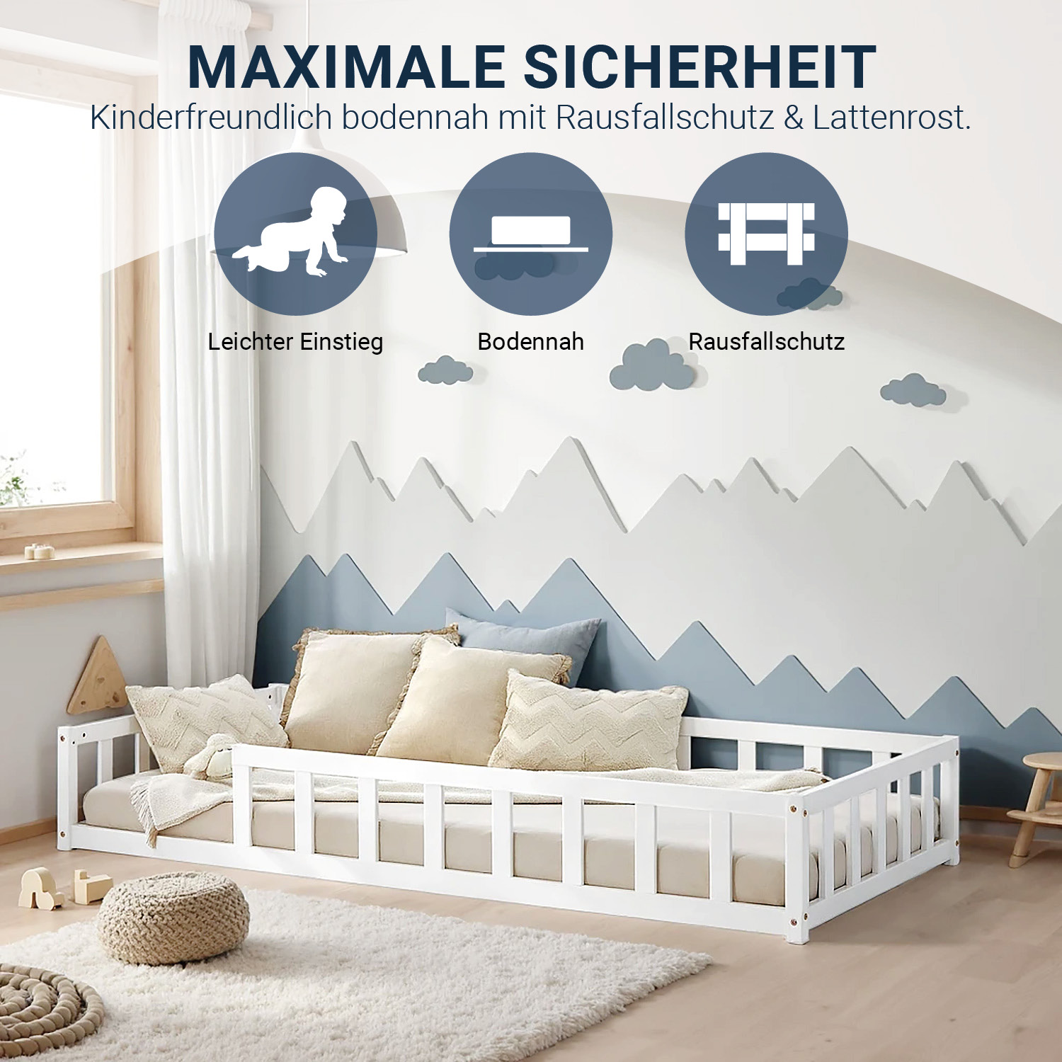 Children's Bed 90x200 White | Floor Bed with Mattress & Slatted Frame | with Fall Protection | Montessori