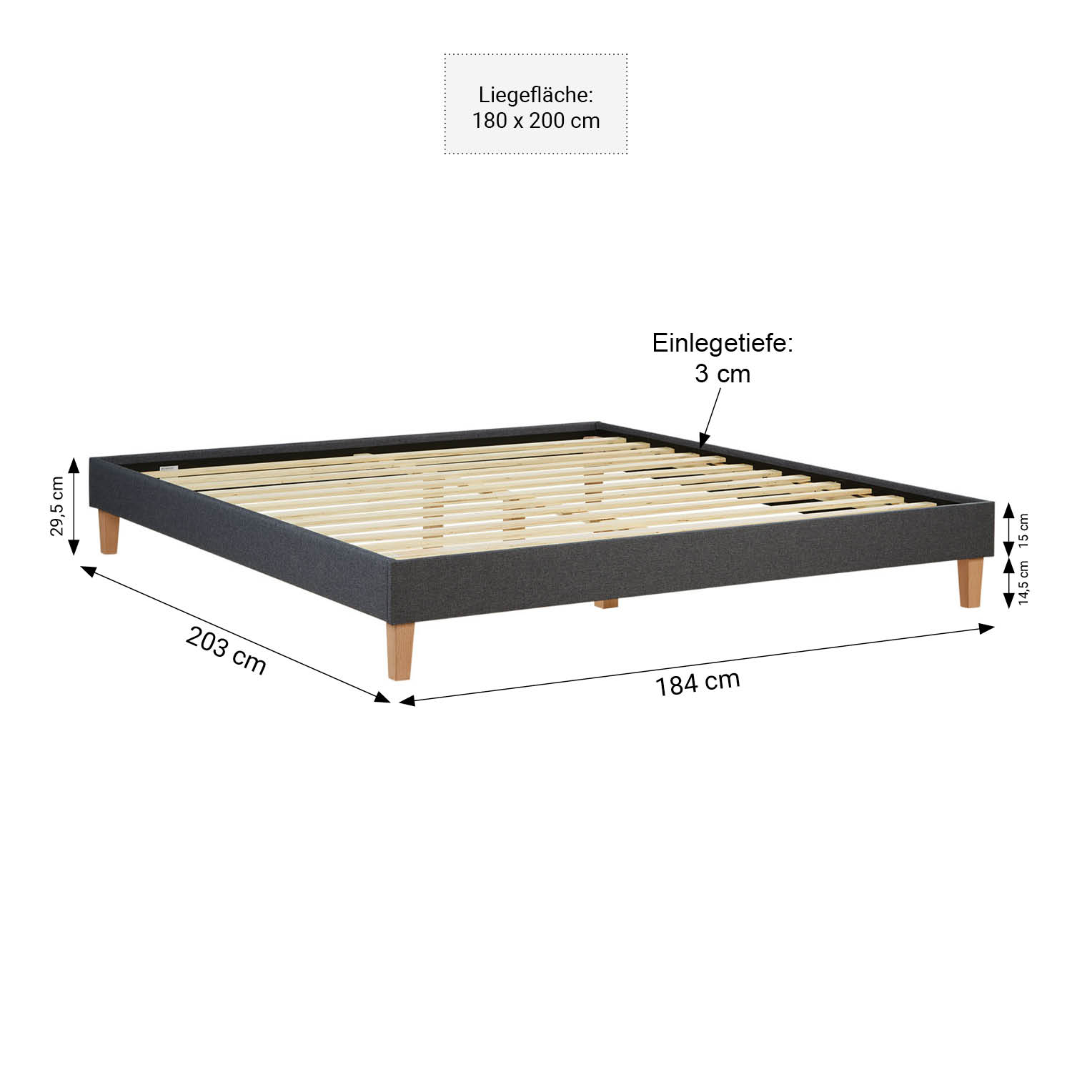 Upholstered bed 180x200 cm grey | futon bed | with slatted frame | double fabric bed frame