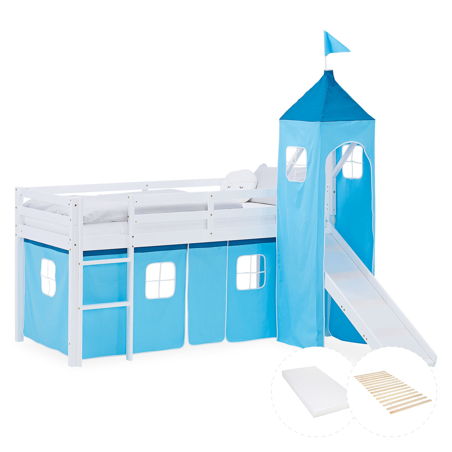 Kinderhochbett in Blau mit Elementen aus Kiefernholz, Lattenrost, Matratze, Rutsche, Spielturm und Spielvorhang. Das weiße Hochbett ist mit Matratze und Kissen vor weißem Hintergrund abgebildet. Sichtbar sind eine Leiter, seitliche Schutzgitter, ein Spiel