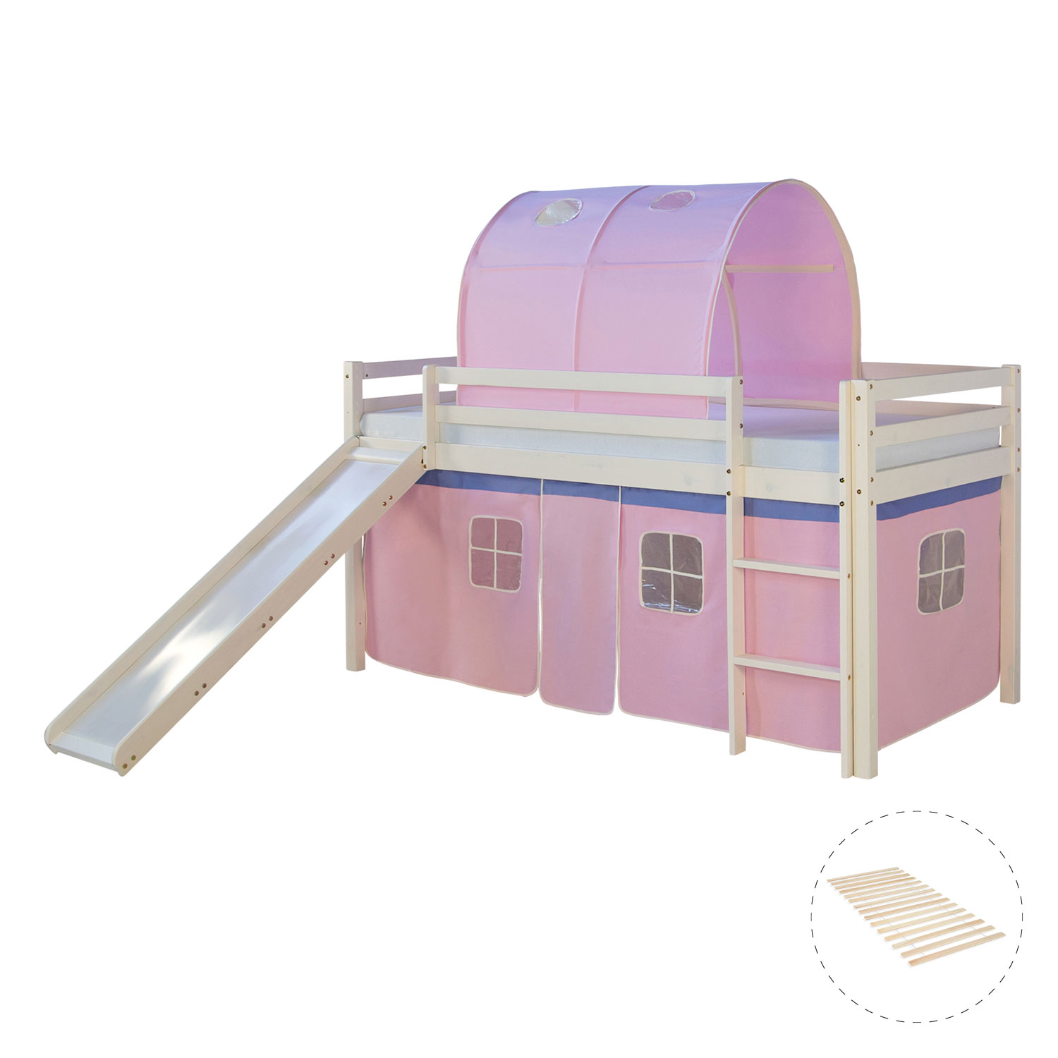 Loft Bed Kids 90x200 cm White with Curtain in Pink | Tunnel | Slide | with Slatted Frame