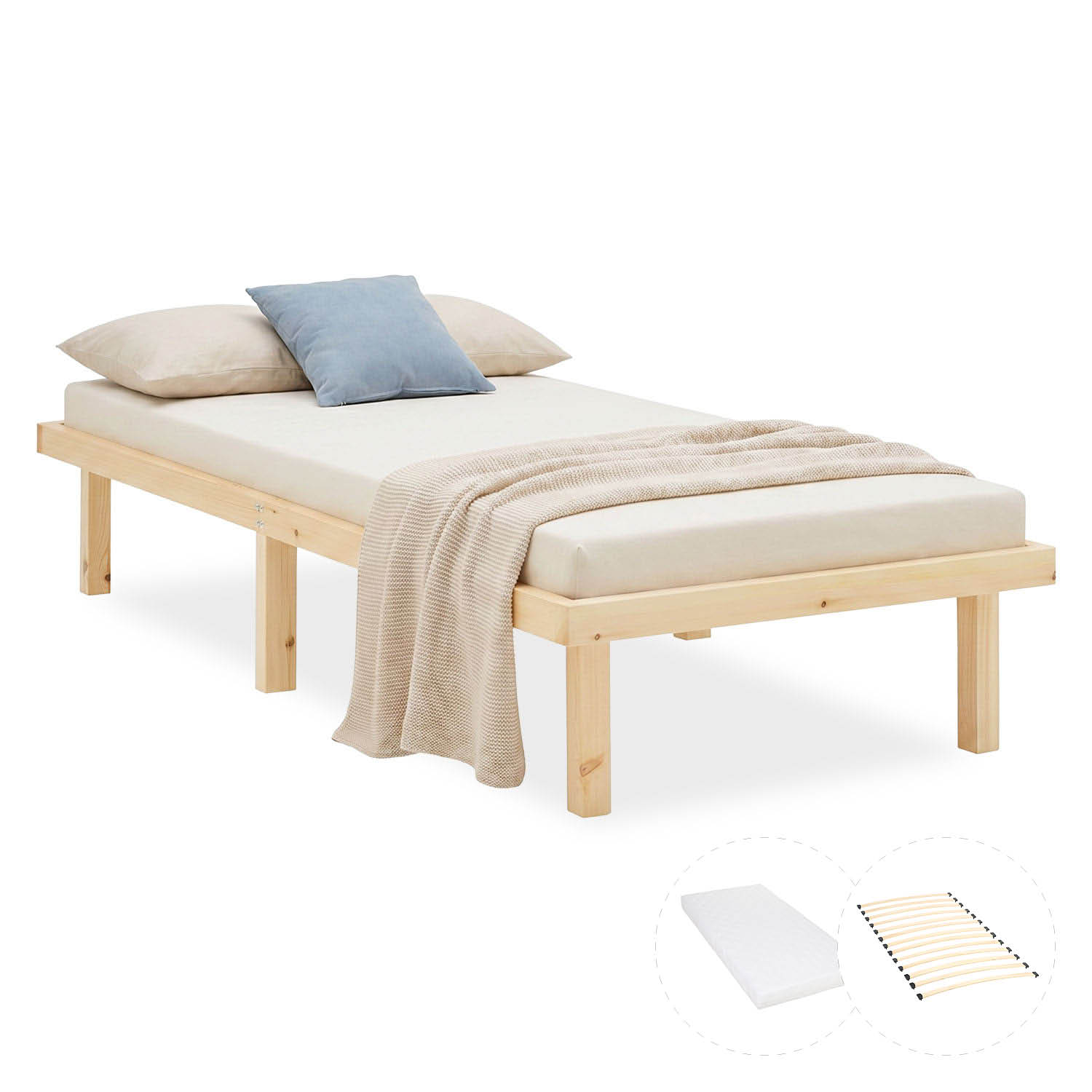 Wooden Bed 90x200 cm Natural | Single Bed | with Slatted Frame and Mattress | Wood | Kids Youth Guest Bedroom