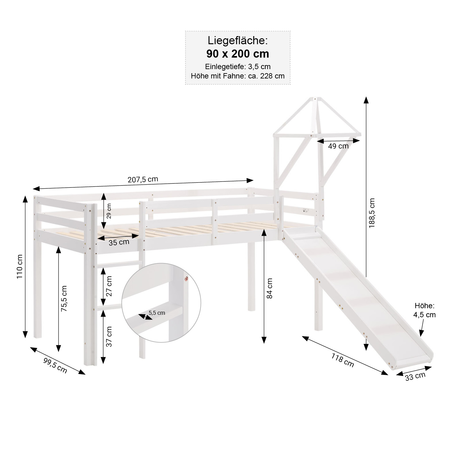 Children's Loft Bed 90x200 cm White with Blue Curtain | Slide | Tower | With Slatted Base | With Mattress