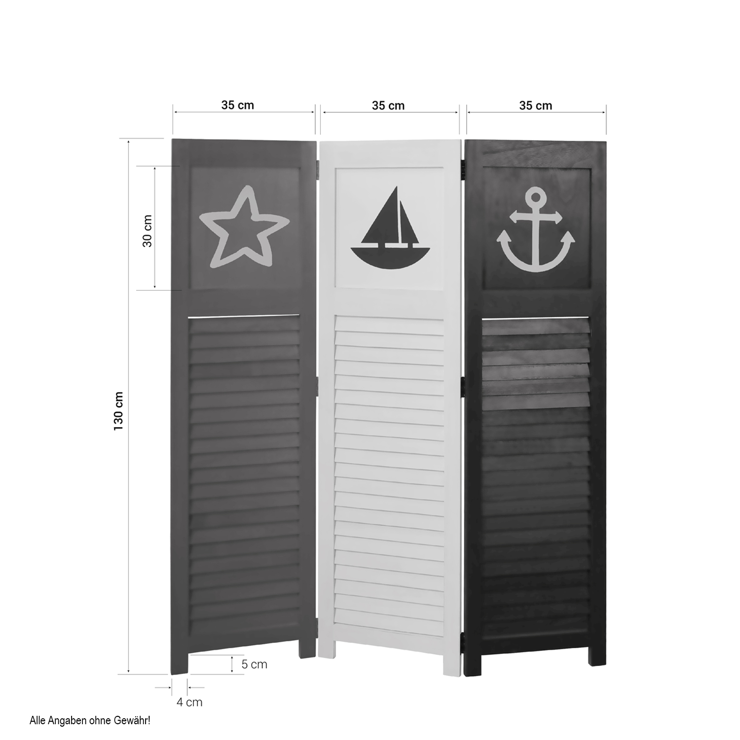 Paravent Red White Black Maritime Motifs | 3-panel | Wood | Room Divider Partition Privacy Screen