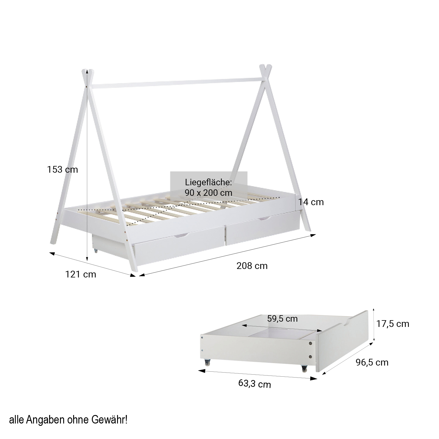 Children's Bed 90x200 cm White Gray Fabric | Tent Bed with Drawers | Single Bed | with Slatted Frame | Wood