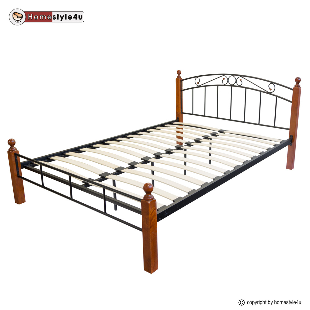 Design Iron Bed Double 180 x 200Wood Slatted black brown bed frame 916