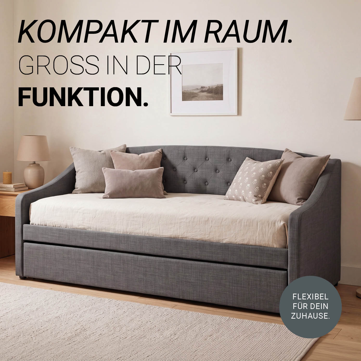 Upholstered Bed 90x200 cm Gray with Storage – Daybed & Pull-Out Guest Bed