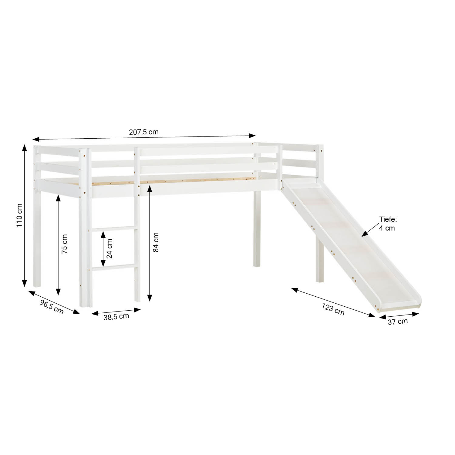 Loft Bed Kids 90x200 cm White | Slide | without Slatted Frame