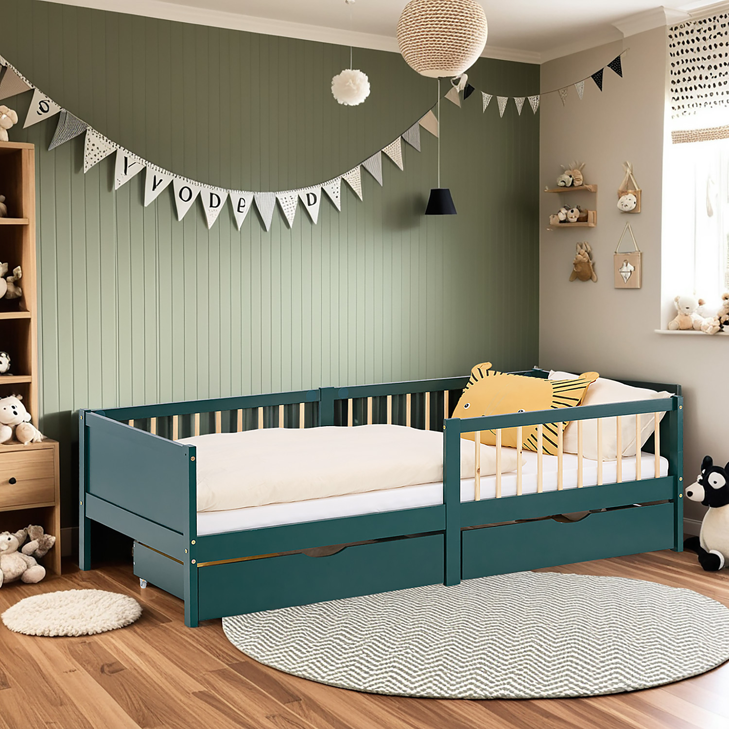 Children's Bed 90x200 cm Green | Wooden bed with 2 drawers | Single Bed | with Slatted Frame | Fall Protection