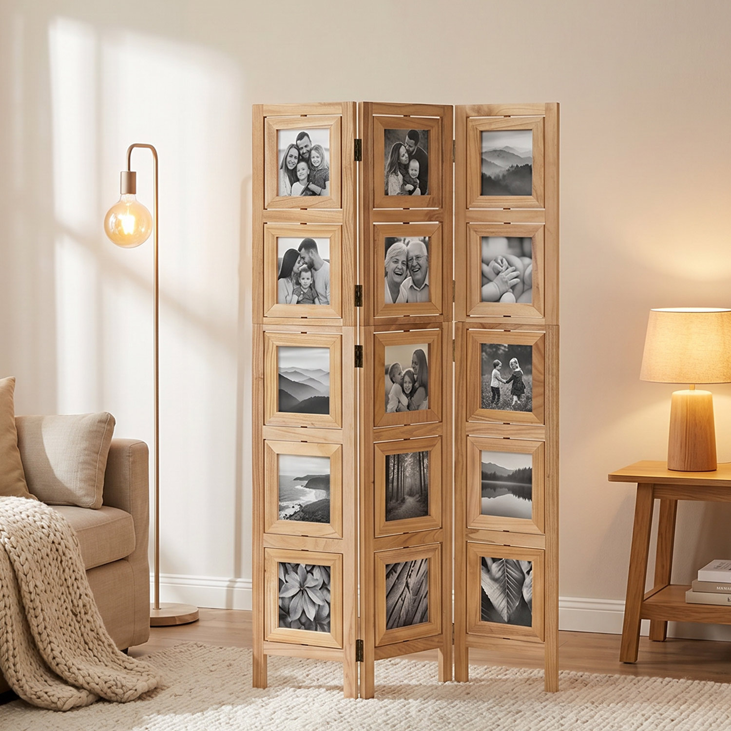 3-Panel "Nature" Folding Screen with Photos – Wooden Room Divider as a Photo Display