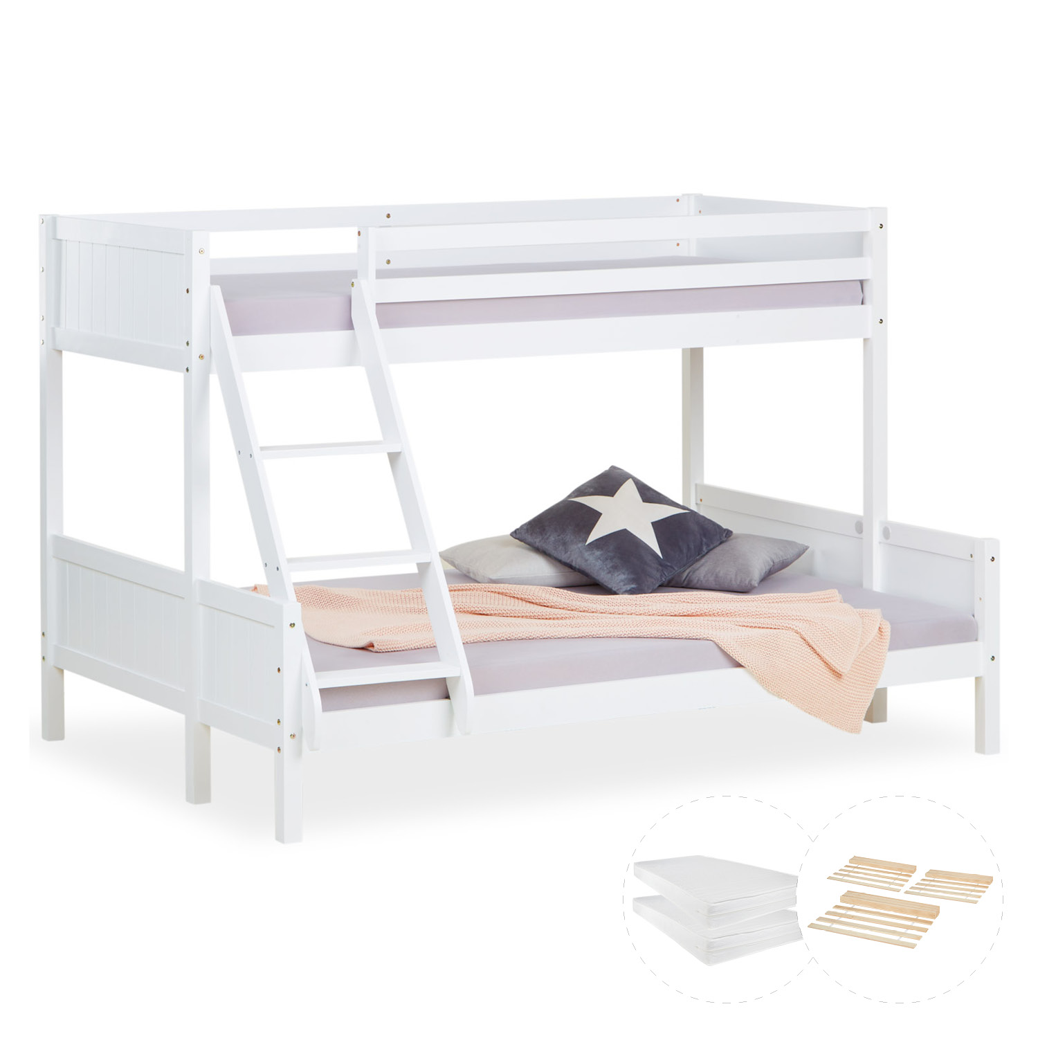 Bunk Bed Kids Bed 90x200 and 140x200 cm White Grey 2 Mattresses Wood Cabin Bed High Sleeper Bed Loft Bed Childrens Bed Twin Bed Drawer