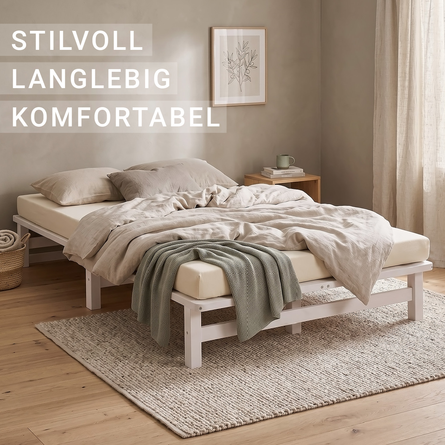120x200 cm White Pallet Bed – Wooden Double Bed with Mattress & Slatted Base for Teen Rooms, Guest Rooms, and Bedrooms