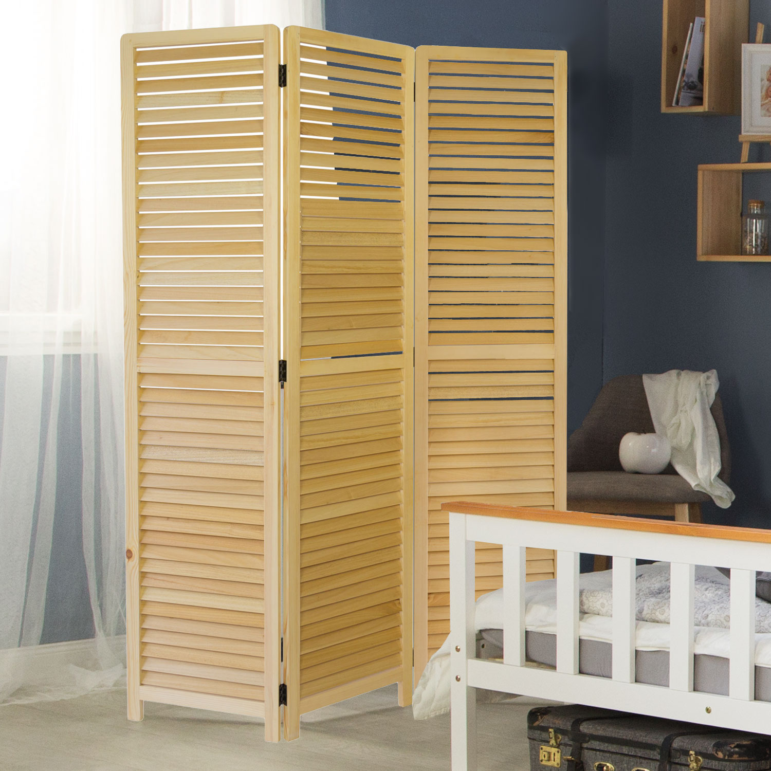 Paravent Natural Wooden Slats | 3-panel | Wood | Room Divider Partition Privacy Screen