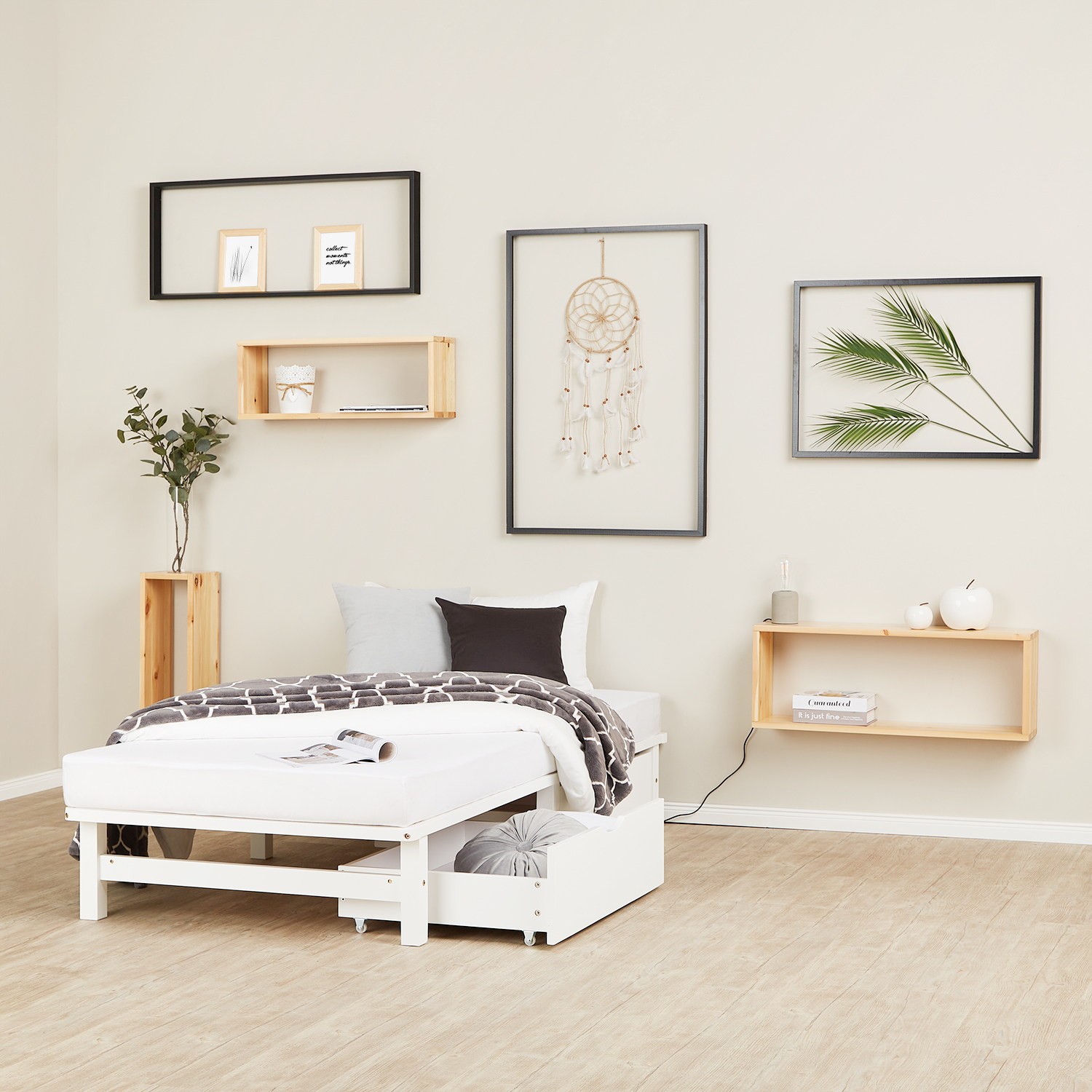 Pallet bed, 90x200 cm, with slatted frame and 2 under-bed drawers; solid wood bed; pallet furniture; bed; wooden bed