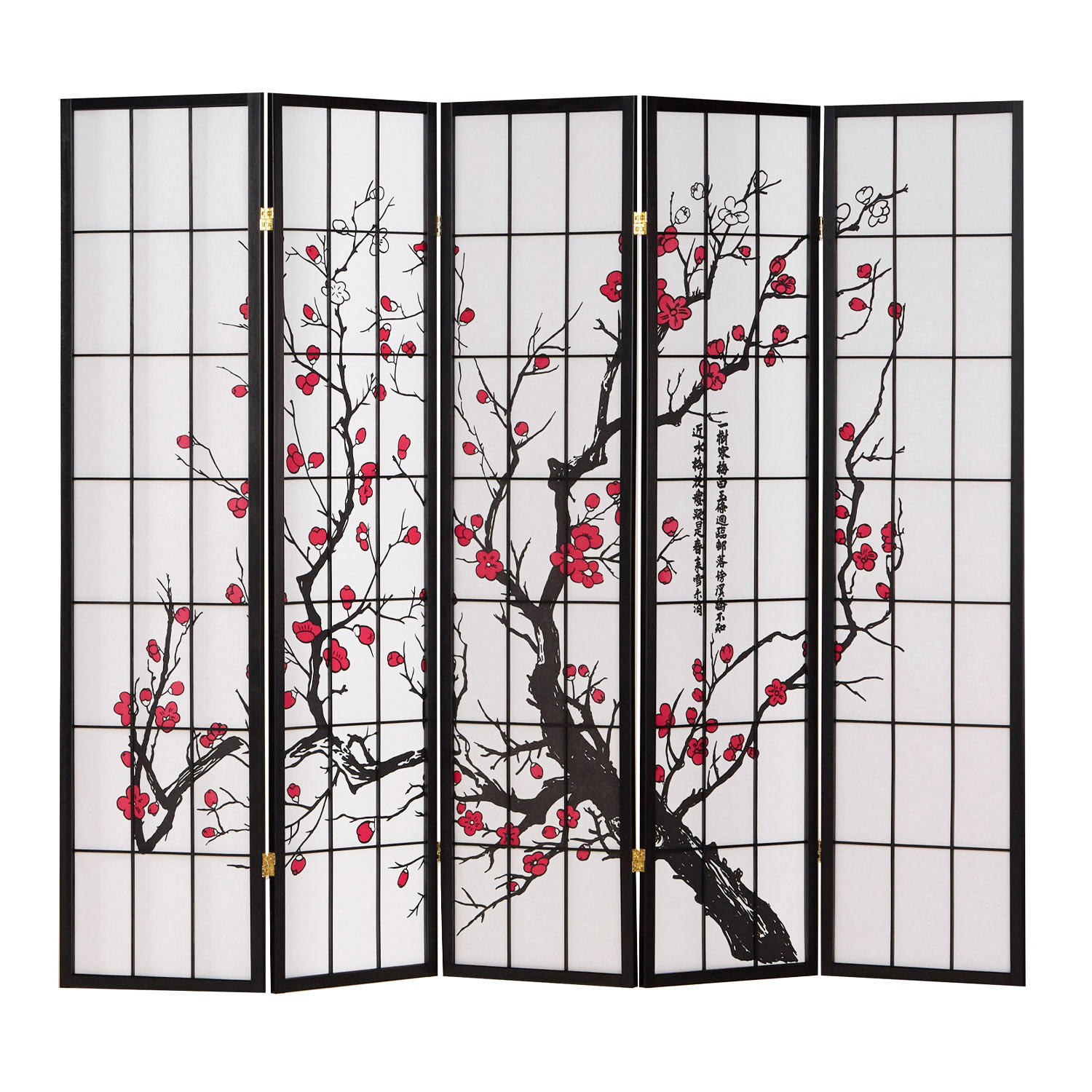 Paravent room divider 3 4 5 6 parts, wood black, rice paper white, cherry pattern
