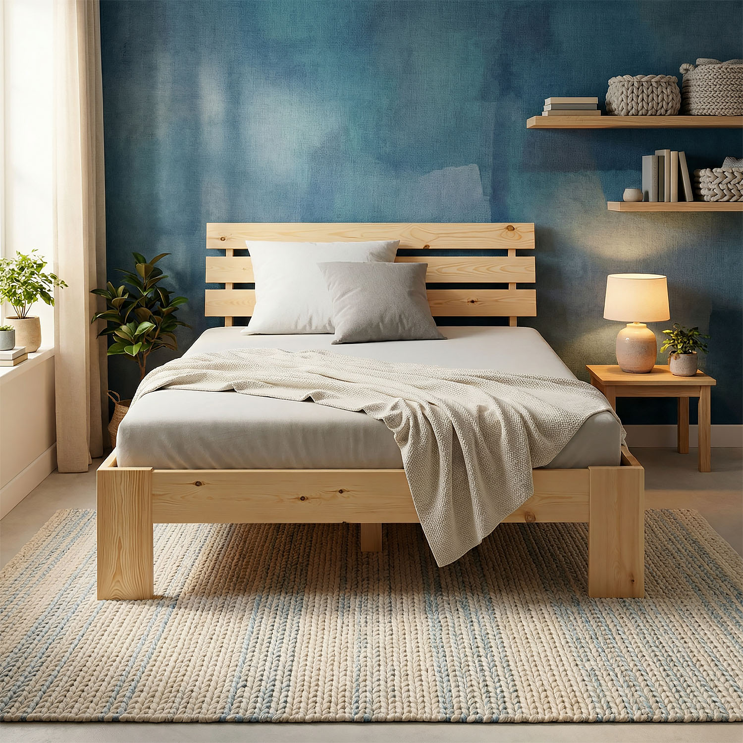 Holzbett in Naturholzfarbe mit Elementen aus Kiefernholz. Das Bett mit einem Kopfteil aus waagerechten Leisten ist mit Matratze, Bettwäsche und Kissen vor weißem Hintergrund abgebildet. Unter der Liegefläche sind Bettkästen sichtbar.