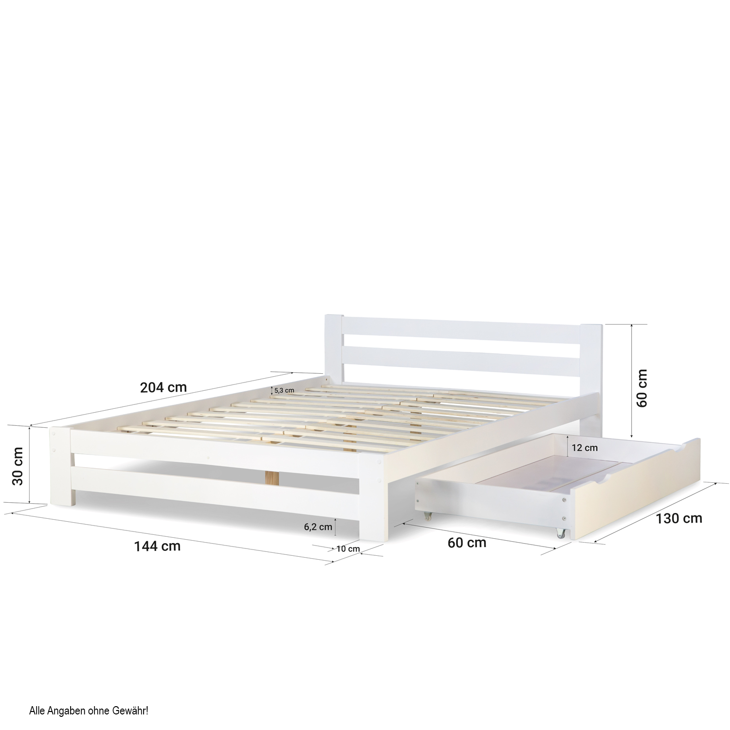 Wood Bed 140x200 cm White | Double Bed with Bed Drawer | with Slatted Frame | Solid | Kids Youth Guest Bedroom
