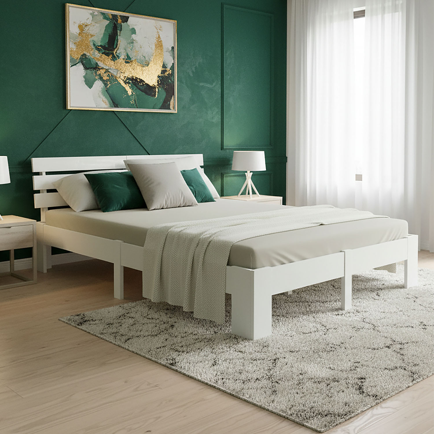 Wood Bed 160x200 cm White | Double Bed | with 2 Mattress | Solid | Kids Youth Guest Bedroom