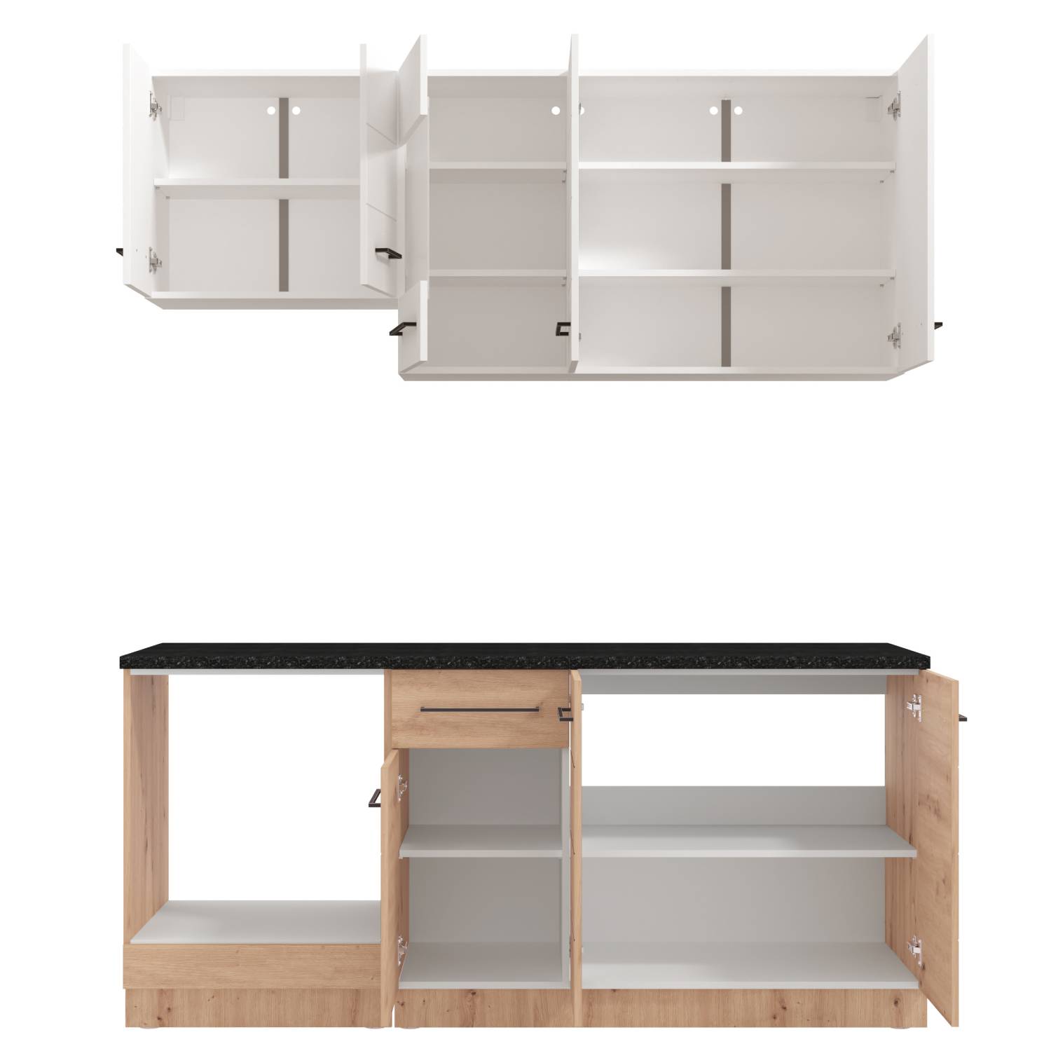180 cm kitchen unit (without appliances) | High-gloss white & oak | Modern studio kitchen with upper and lower cabinets