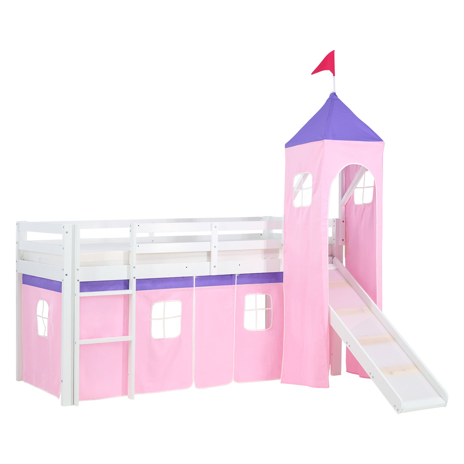 Loftbed 90x200 cm Bunk bed Childrens bed Solid Pine Wood Tower Tunnel Curtain Pink Slide Mattress Slats