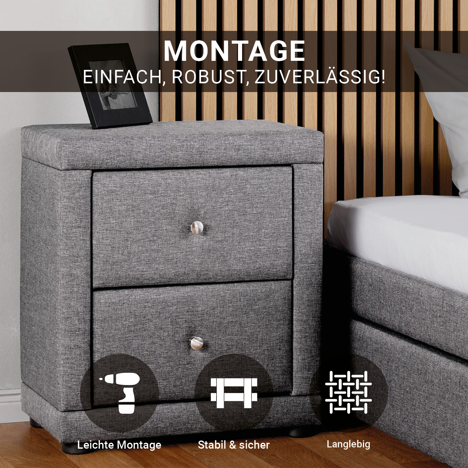 2 Bedside tables Nightstand bedroom 2 Chest drawers Side table Grey fabric