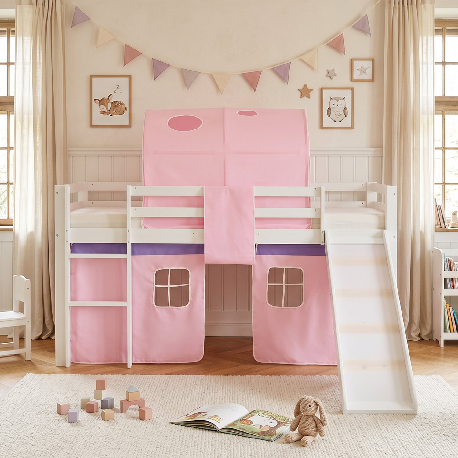 Children's Loft Bed 90x200 cm White with Pink Curtain | Slide | Tunnel | Includes Slatted Base | Includes Mattress