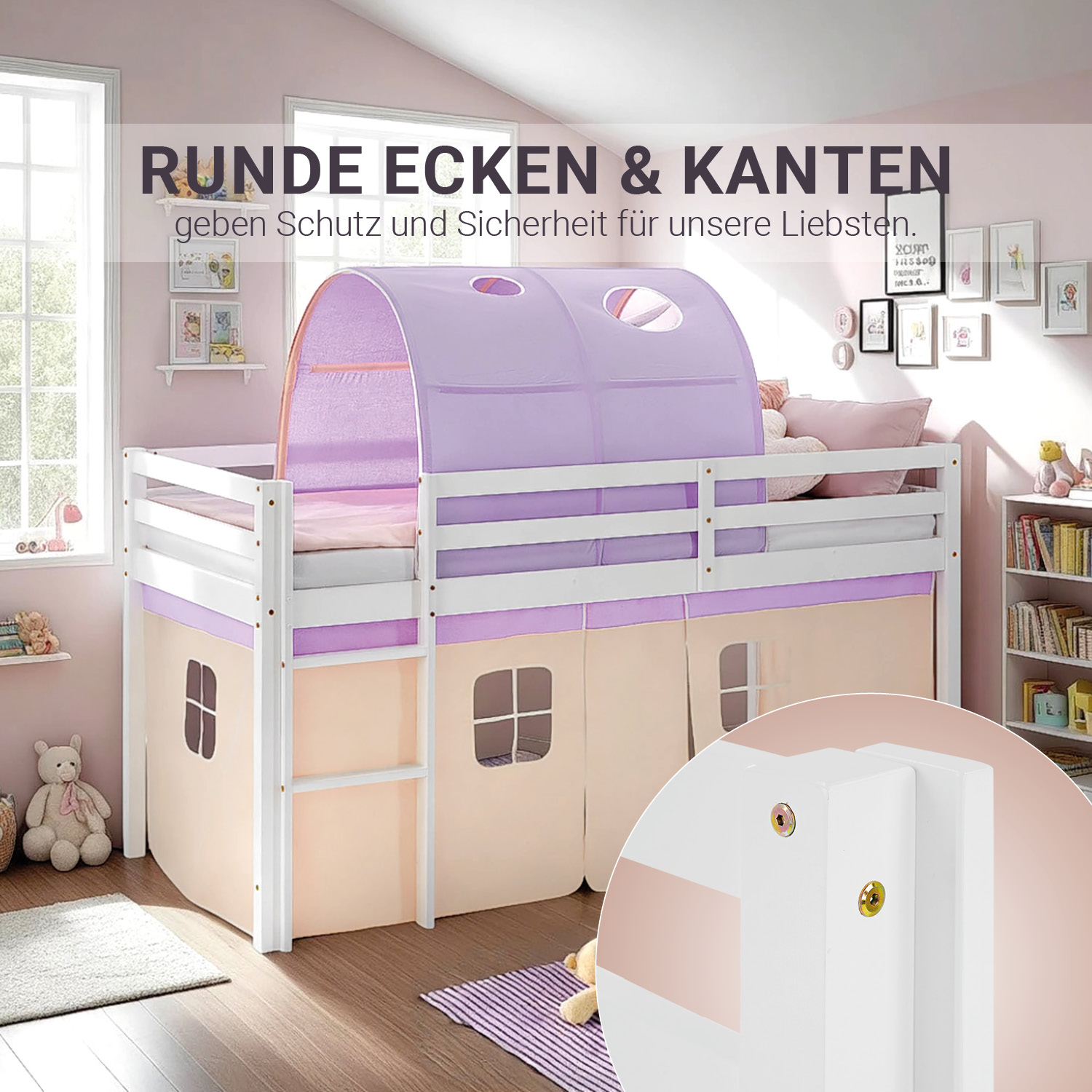 Children's Loft Bed 90x200 cm, White with Purple-Beige Curtain | Tunnel | Includes Slatted Base and Mattress