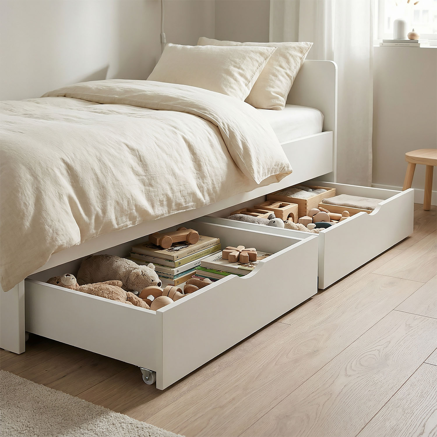 Set of 2 White Underbed Drawers on Wheels – Wooden Storage Solution