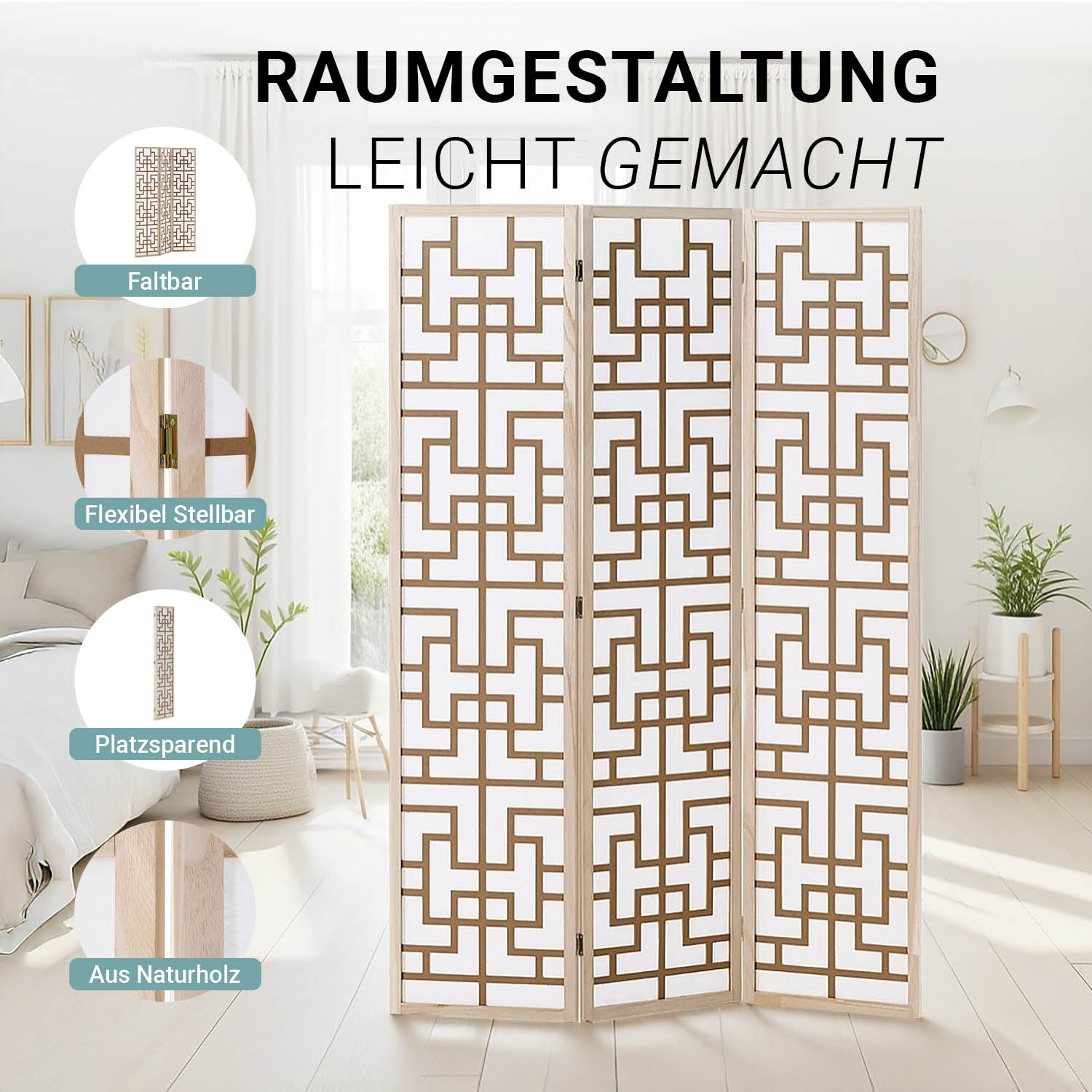 Paravent Natural Shoji | 3-panel | Wood | Room Divider | Partition Privacy Screen